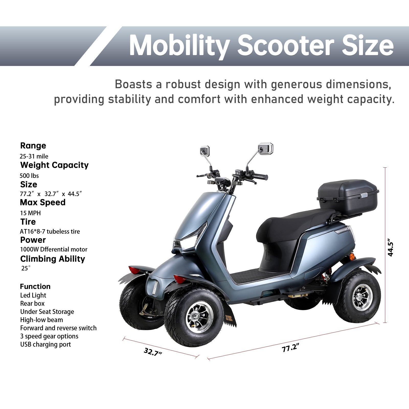 Electric Mobility Recreational Travel Scooter For Adults,Mobility Scooters For Seniors, 4 Wheel Powered Mobility Scooters Matte Black Abs Pc