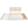 Queen Size Rattan Headboard Bed With Two Drawers And Trundle, White Queen White Solid Wood Mdf