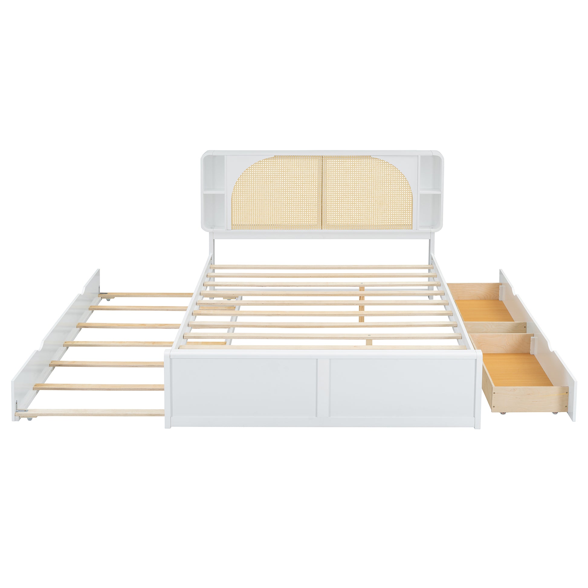 Queen Size Rattan Headboard Bed With Two Drawers And Trundle, White Queen White Solid Wood Mdf