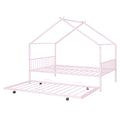 Full Size Metal House Bed With Twin Size Trundle, Pink Full Pink Metal