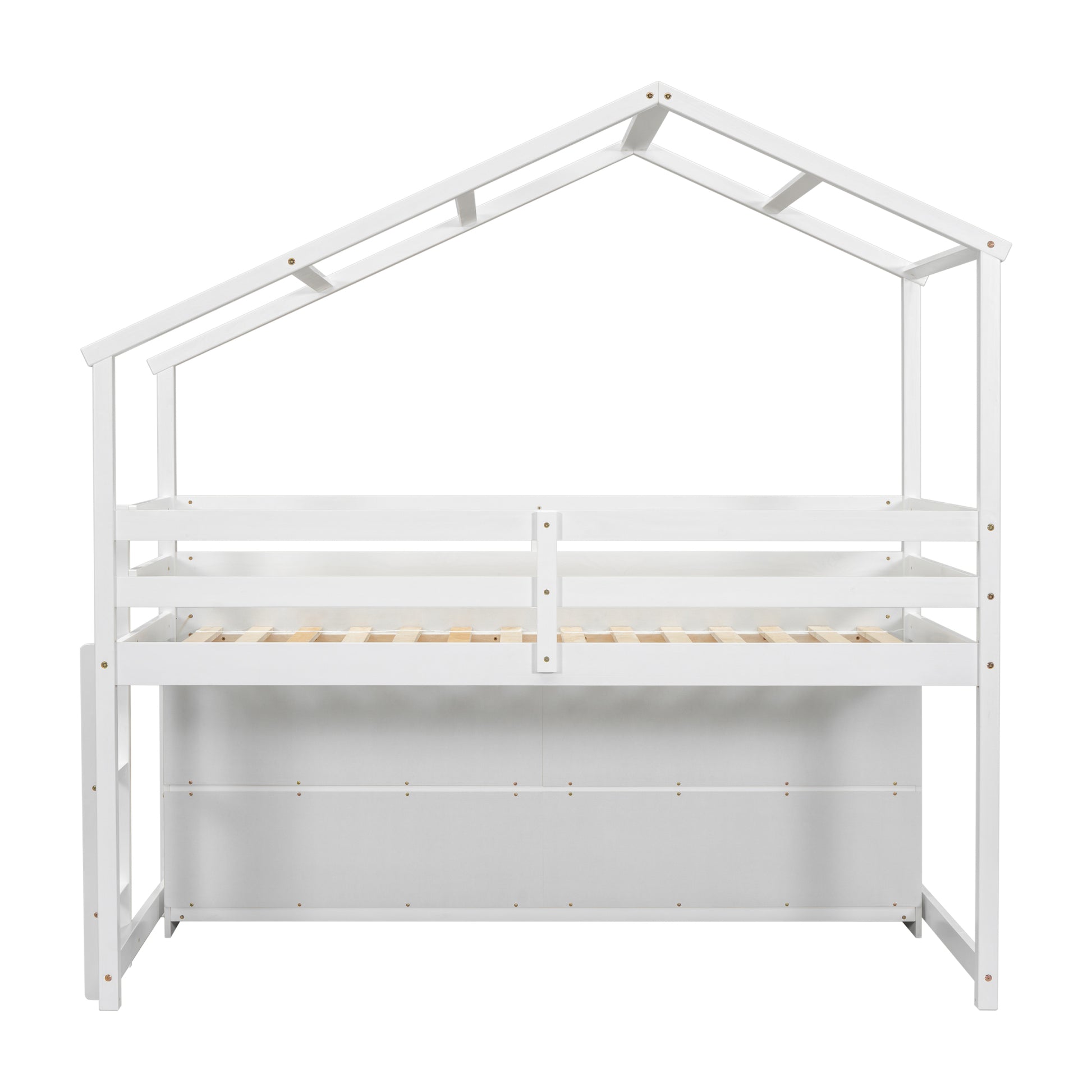 Twin House Loft Bed With Roof Frame, Under Bed Shelving Storage Unit, Guardrails, Ladder,White Twin White Bedroom American Design Pine Pine