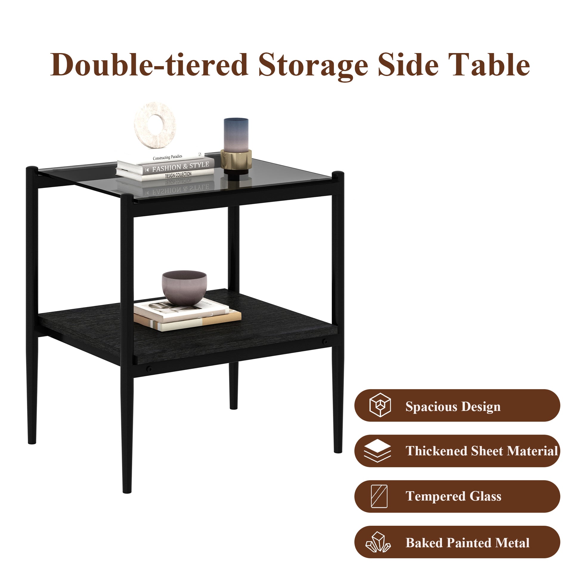 Set Of 2 Rectangle End Table, Tempered Glass Tabletop With Mdf Layer, Modern Table For Living Roomgray Glass Gray Tempered Glass