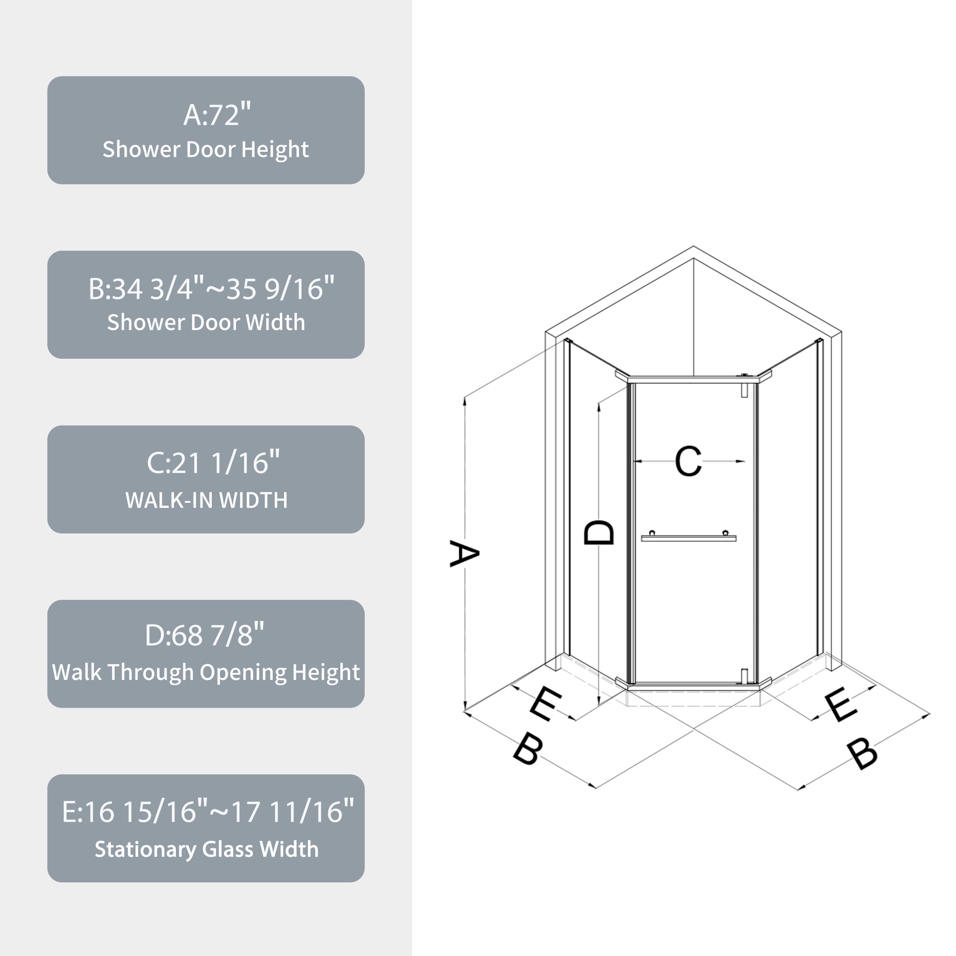 Pivot Shower Door, With 1 4" Tempered Glass34.75 In. X 72 In. Frameless Neo Angle Pivot Shower Enclosure In Chrome. Chrome Aluminium Alloy