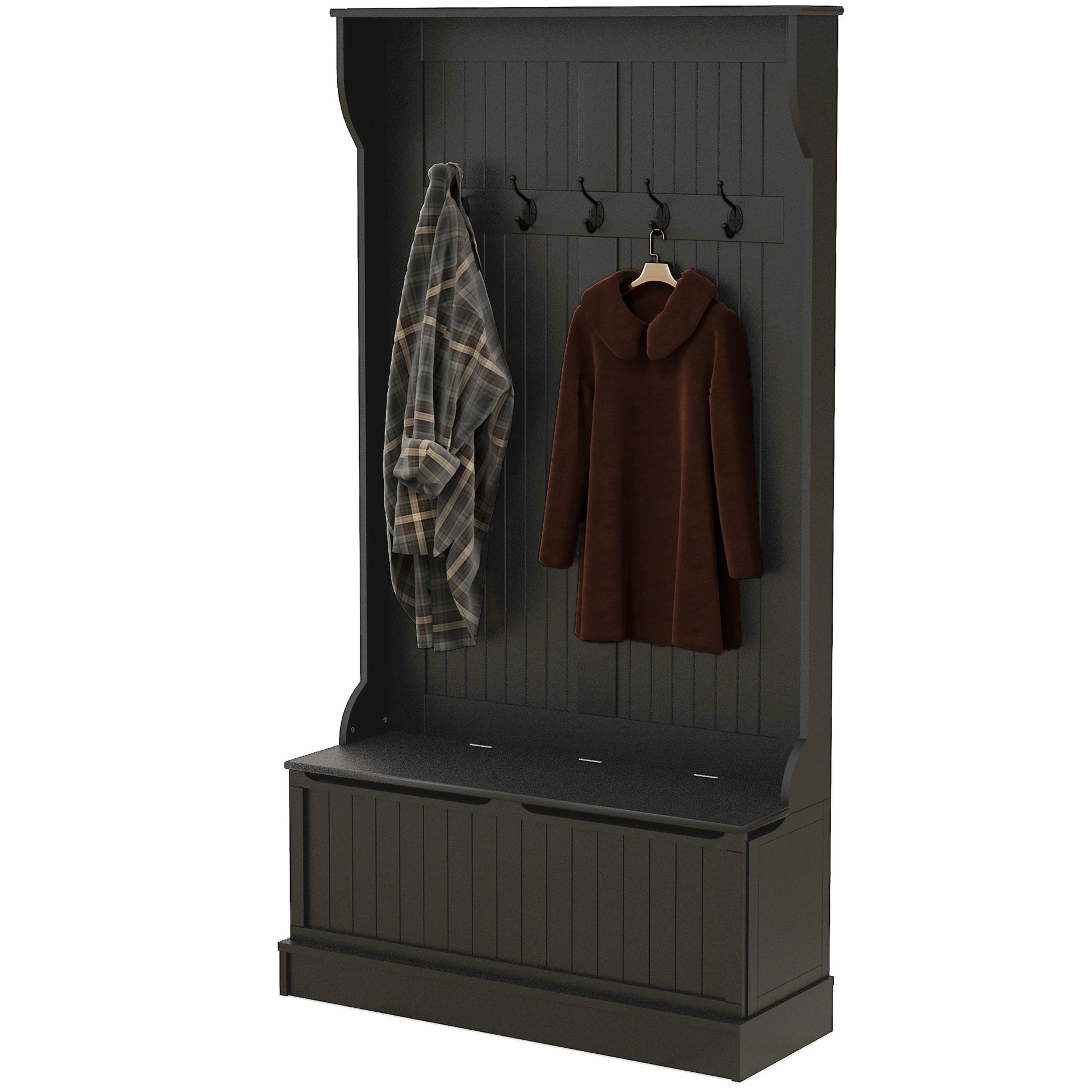 Homcom 3 In 1 Entryway Hall Tree With Storage Bench, Coat Rack With Four Hooks And Shoe Storage, Black Black Mdf