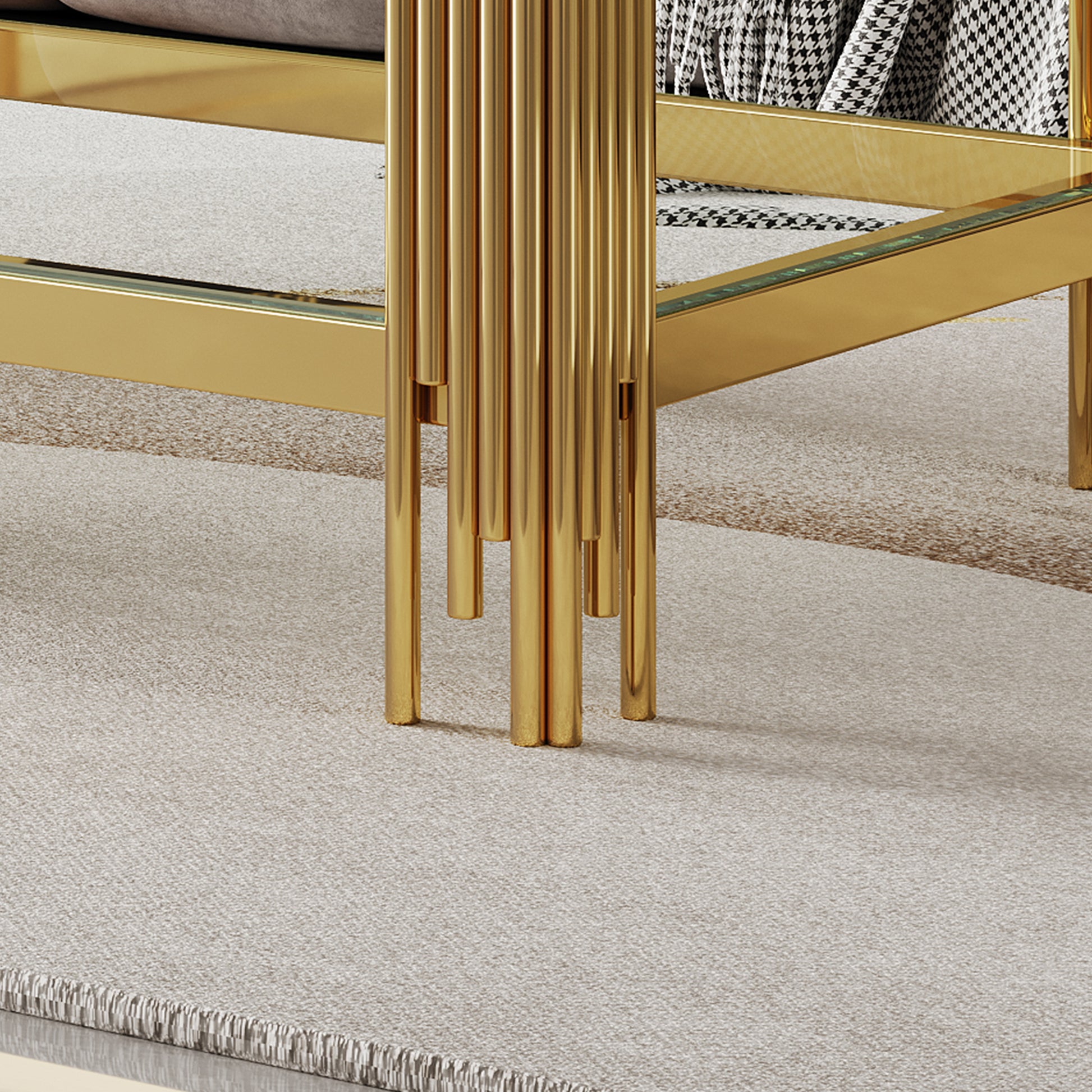 Top And Bottom Double Layer Tempered Glass Coffee Table And Mirror Finished Stainless Steel Frame Gold Metal