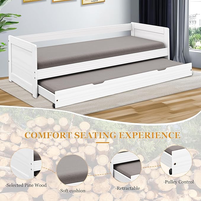 Twin Daybed With Trundle, Modern Wood Daybed With Armrest, Wood Daybed Frame For Boy, Girl, No Box Spring Needed, White Twin White Pine,Wood