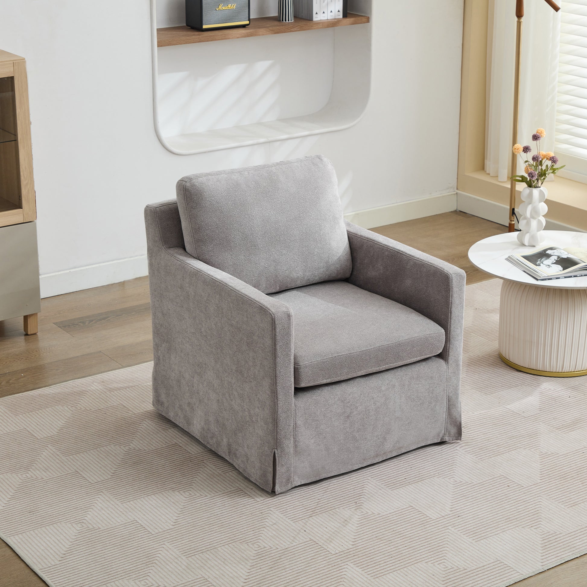 29.92'' Swivel Accent Chair, Upholstered Skirted Swivel Chair With Removable Back Cushion, 360 Degree Comfy Armchair For Living Room, Nursery, Lounge,Office,Gray Chenille Gray Chenille