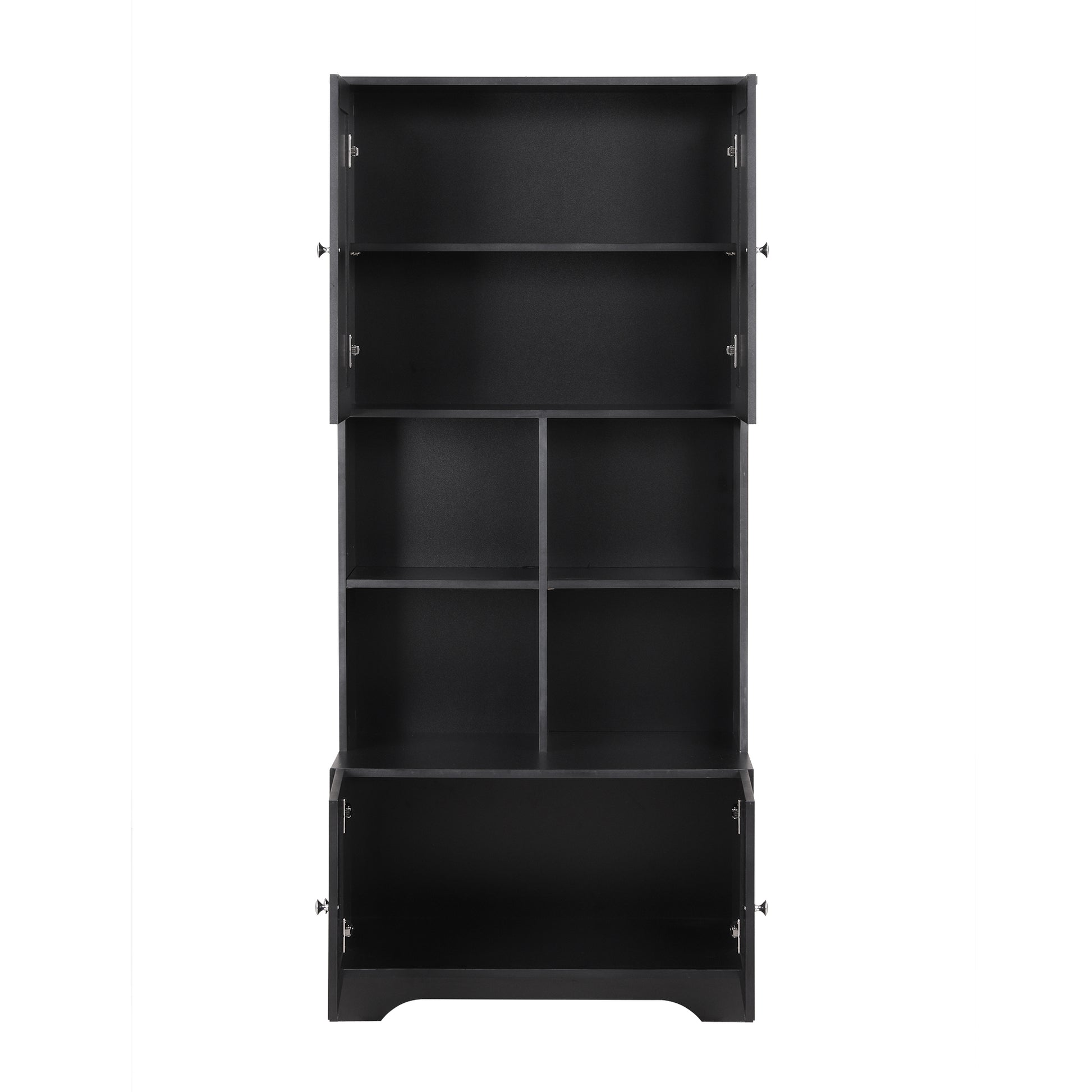 Tall And Wide Bathroom Floor Storage Cabinet, Bathroom Storage Unit, Freestanding Cabinet With 4 Doors, Adjustable Shelves, Open Multi Layer Shelves, Black Black Mdf