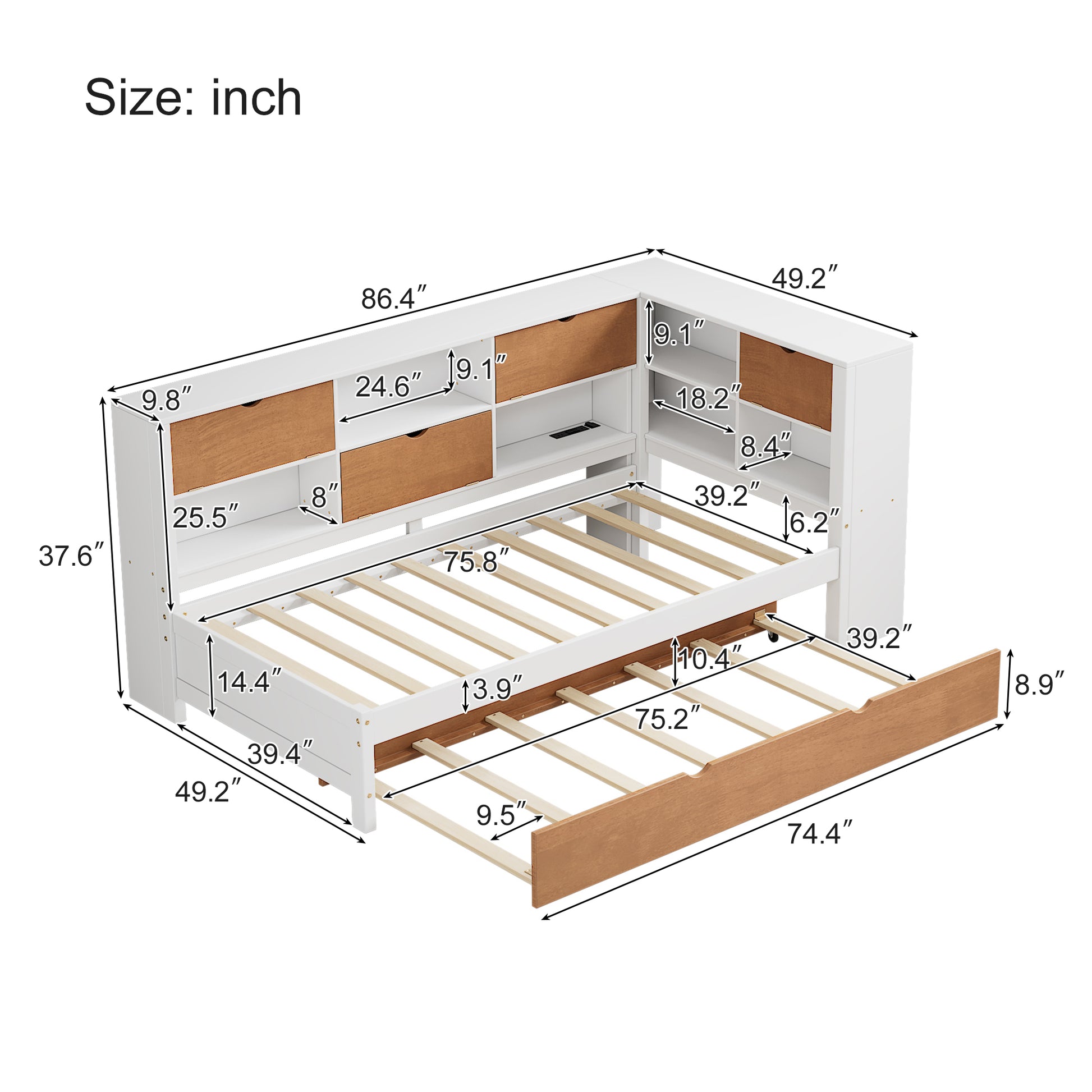 L Shaped Bed Frame With Trundle And And Bookcase,Corner Bed Wooden Captain Bed With Led Downlight And Usb Port For Small Room,Bedroom, Guest Room, Twin Size, Walnut And White Box Spring Not Required Twin White Walnut Wood Bedroom Modern Pine Bed Frame