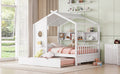 Wooden Full Size House Bed With Trundle, Modern Design For Kids With Storage Shlef, White Full White Solid Wood