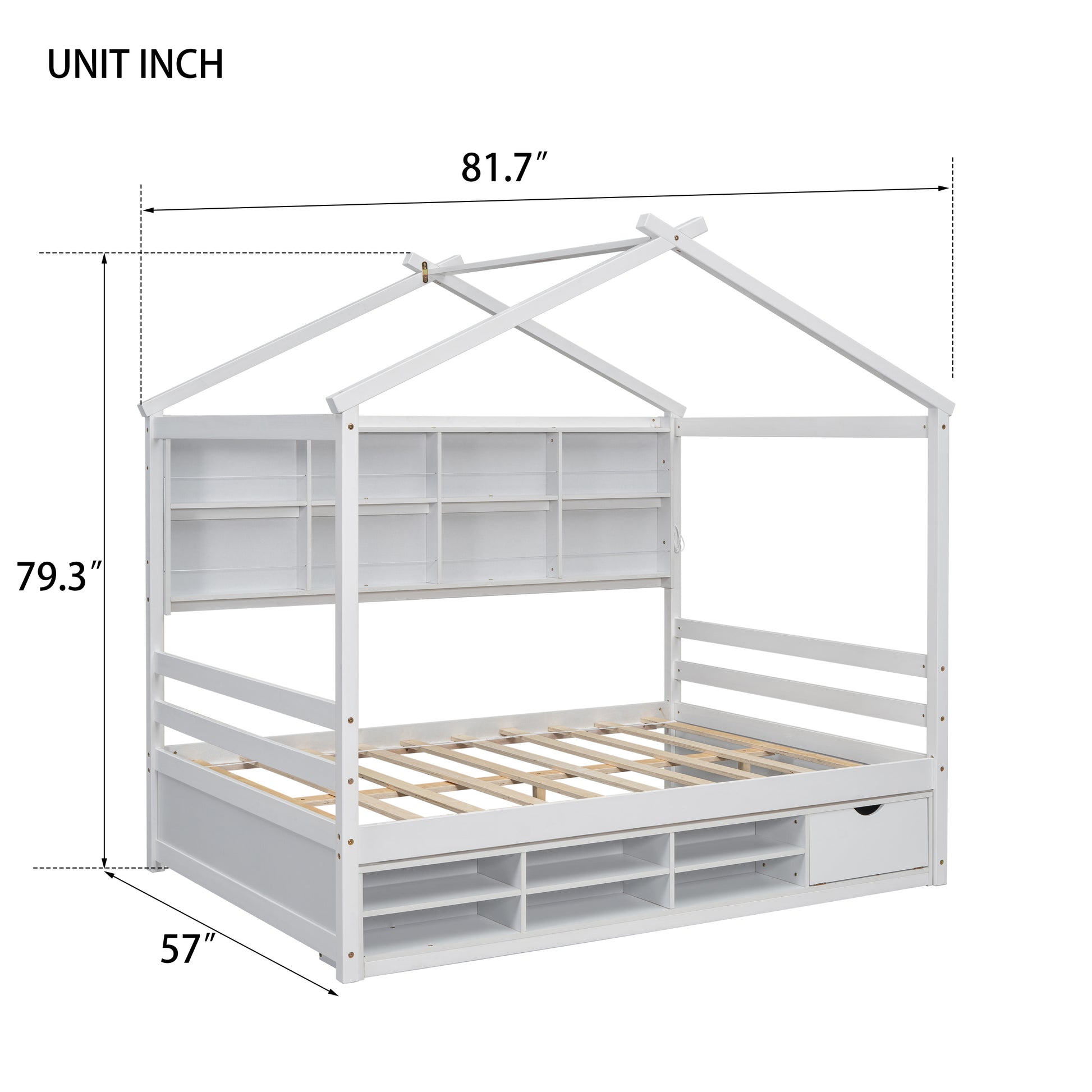 Full House Bed With Roof Frame, Bedside Shelves, Under Bed Storage Unit,White Full White American Design Pine