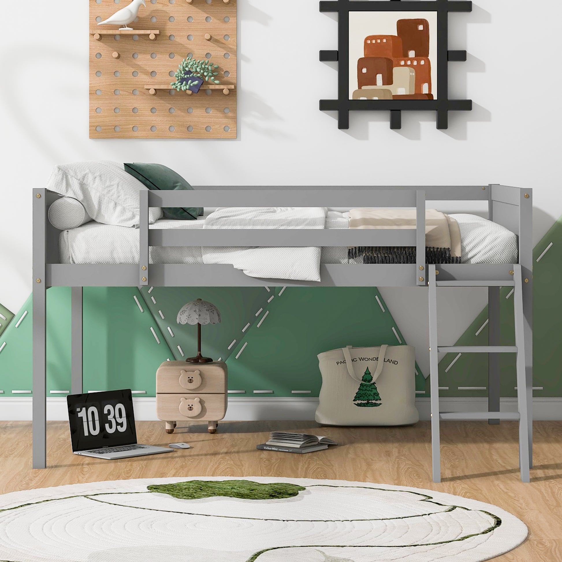 Full Size Wood Low Loft Bed With Ladder, Ladder Can Be Placed On The Left Or Right, Gray Old Sku:Gx000366Aae Box Spring Not Required Full Gray Wood Bedroom Solid Wood Mdf