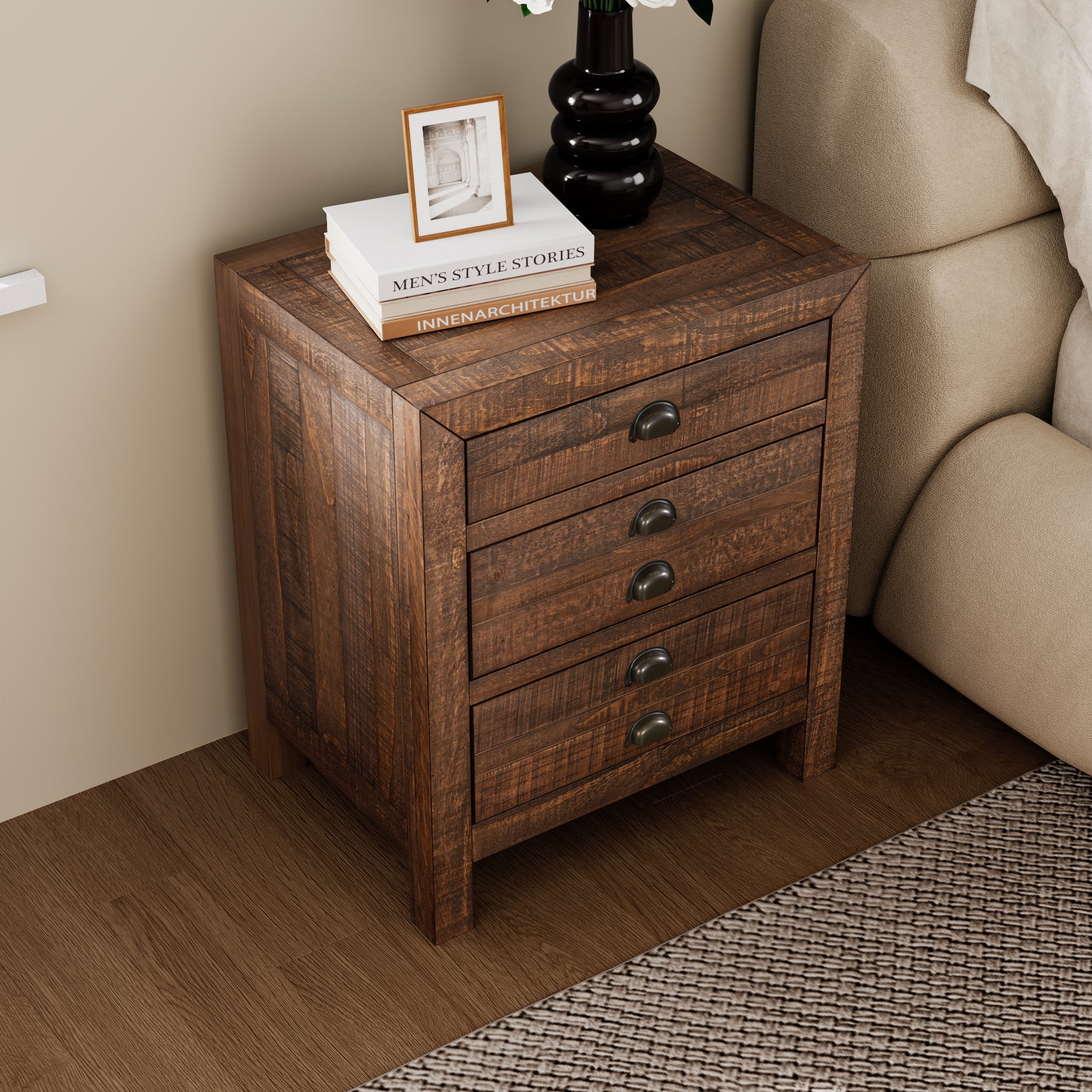 Rustic Farmhouse Style Three Drawer Solid Pine Wood Nightstand With Cup Pulls And Integrated Charge Station Brown 3 Drawers Bedroom Pine Pine,Plywood