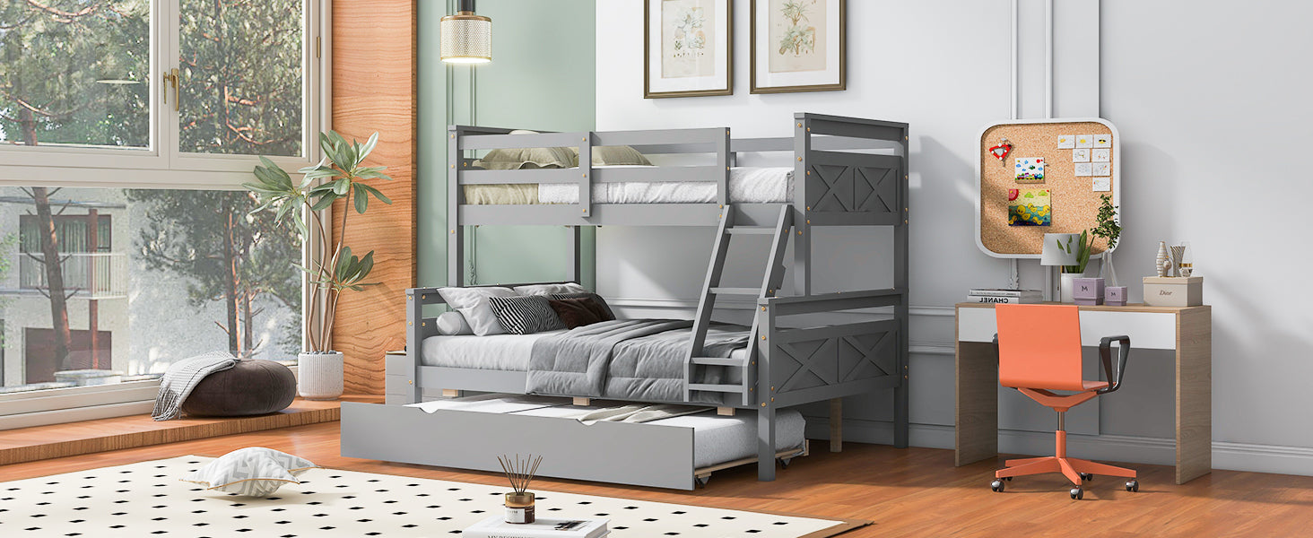 Twin Over Full Bunk Bed With Ladder, Twin Size Trundle, Safety Guardrail, Gray Box Spring Not Required Twin Gray Wood Bedroom Bunk Pine