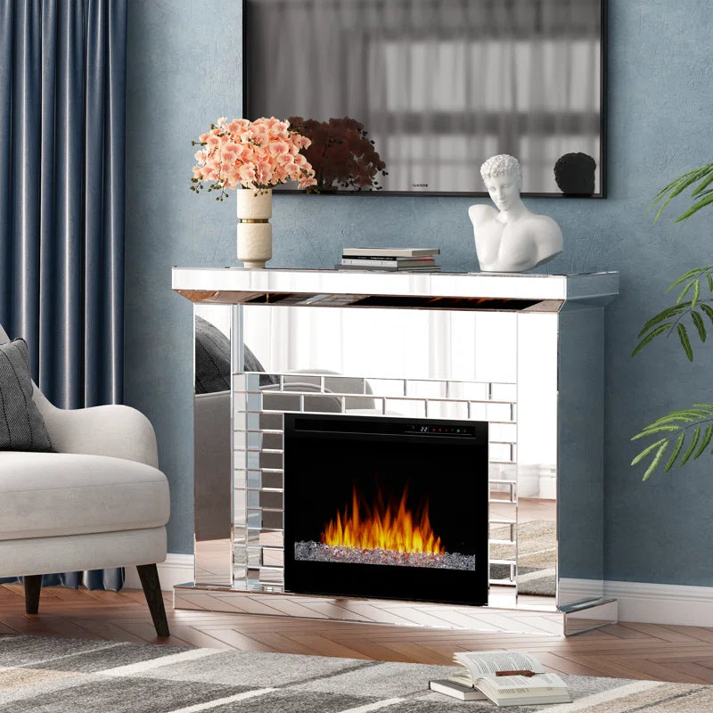 44'' W Electric Fireplace With Silver Mirrored Mantel Silver 400 Primary Living Space Modern Yes Freestanding Metal Synthetic Wood Mirror Electric