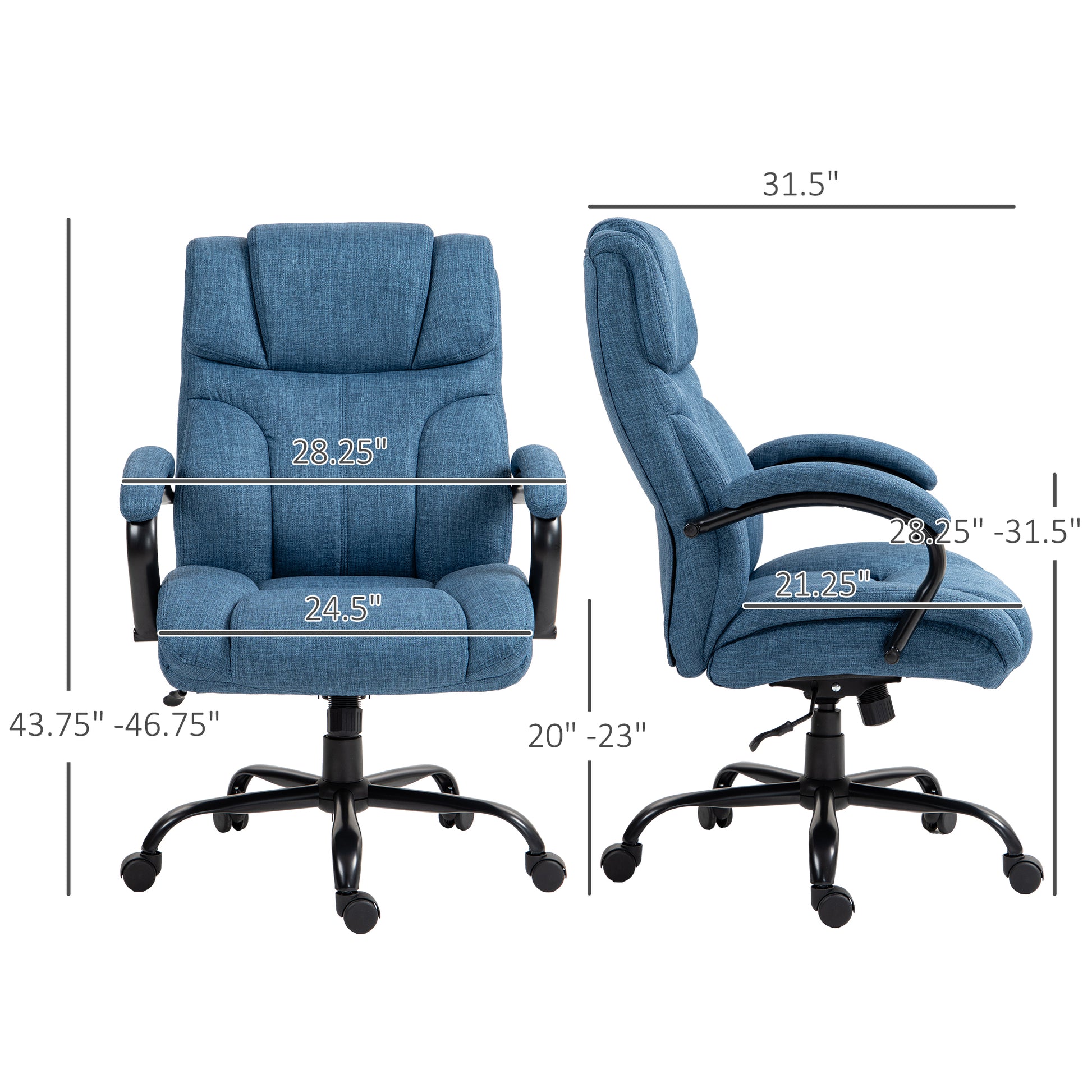 Vinsetto 500Lbs Big And Tall Office Chair With Wide Seat, Executive Computer Chair With Adjustable Height, Swivel Wheels And Linen Finish, Blue Blue Linen