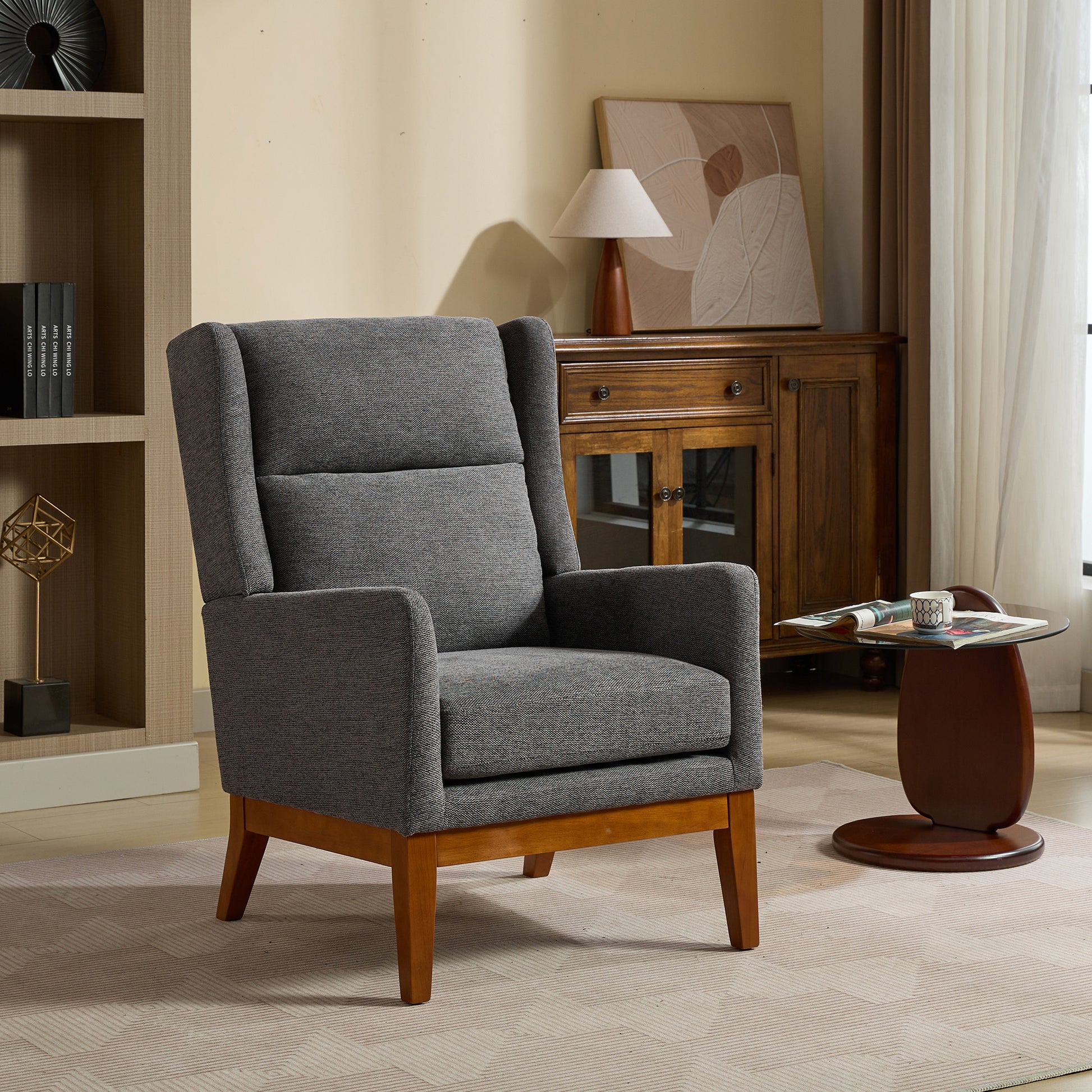 26.18" Wide Modern Accent Chair,Polyester Blend High Back Reading Chair ,Upholstered Armchair Club Chair,Single Sofa With Wood Legs For Living Room,Bedroom,Reading Room,Office,Charcoal Charcoal Foam