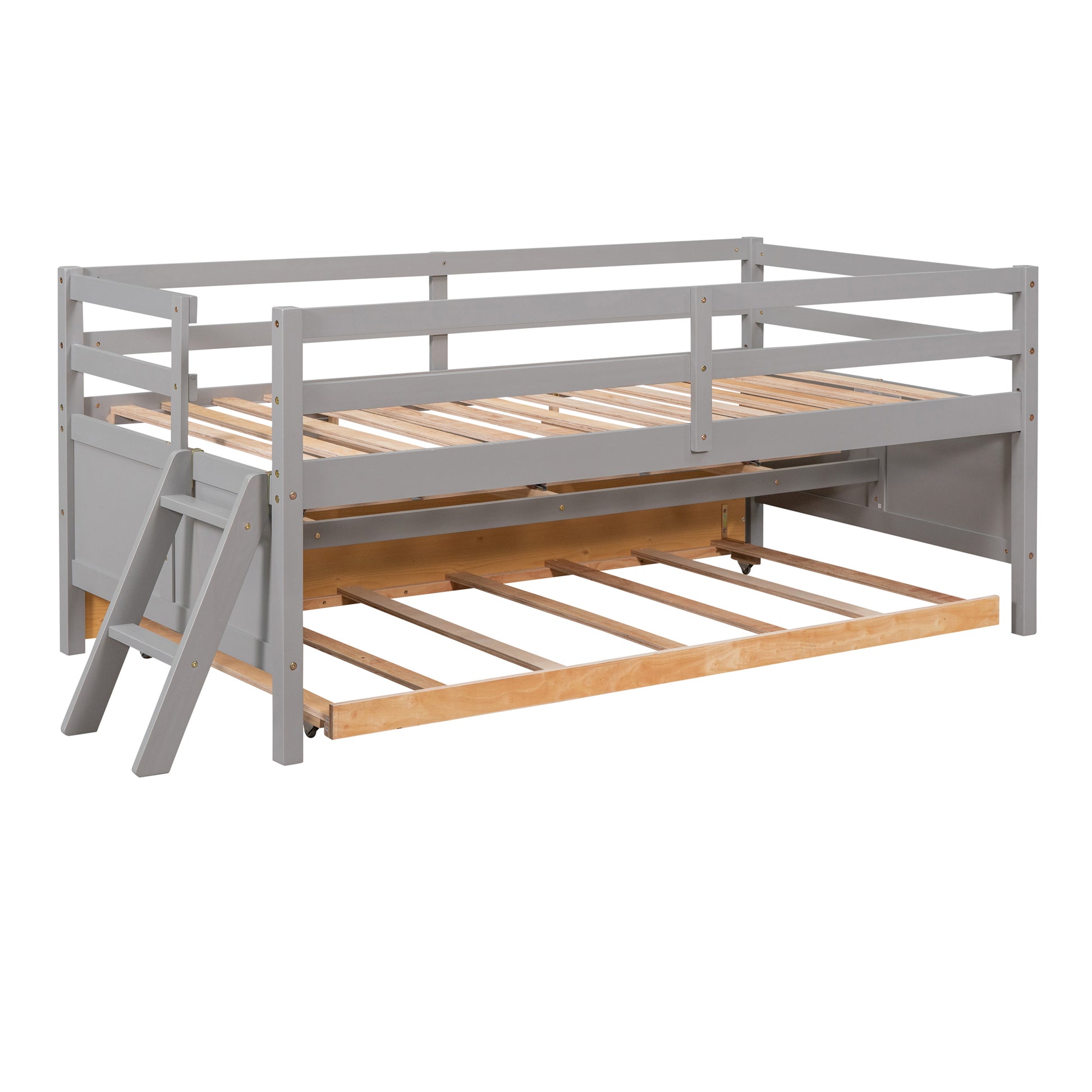 Low Loft Bed Twin Size With Full Safety Fence, Climbing Ladder, Storage Drawers And Trundle Gray Solid Wood Bed Gray Solid Wood