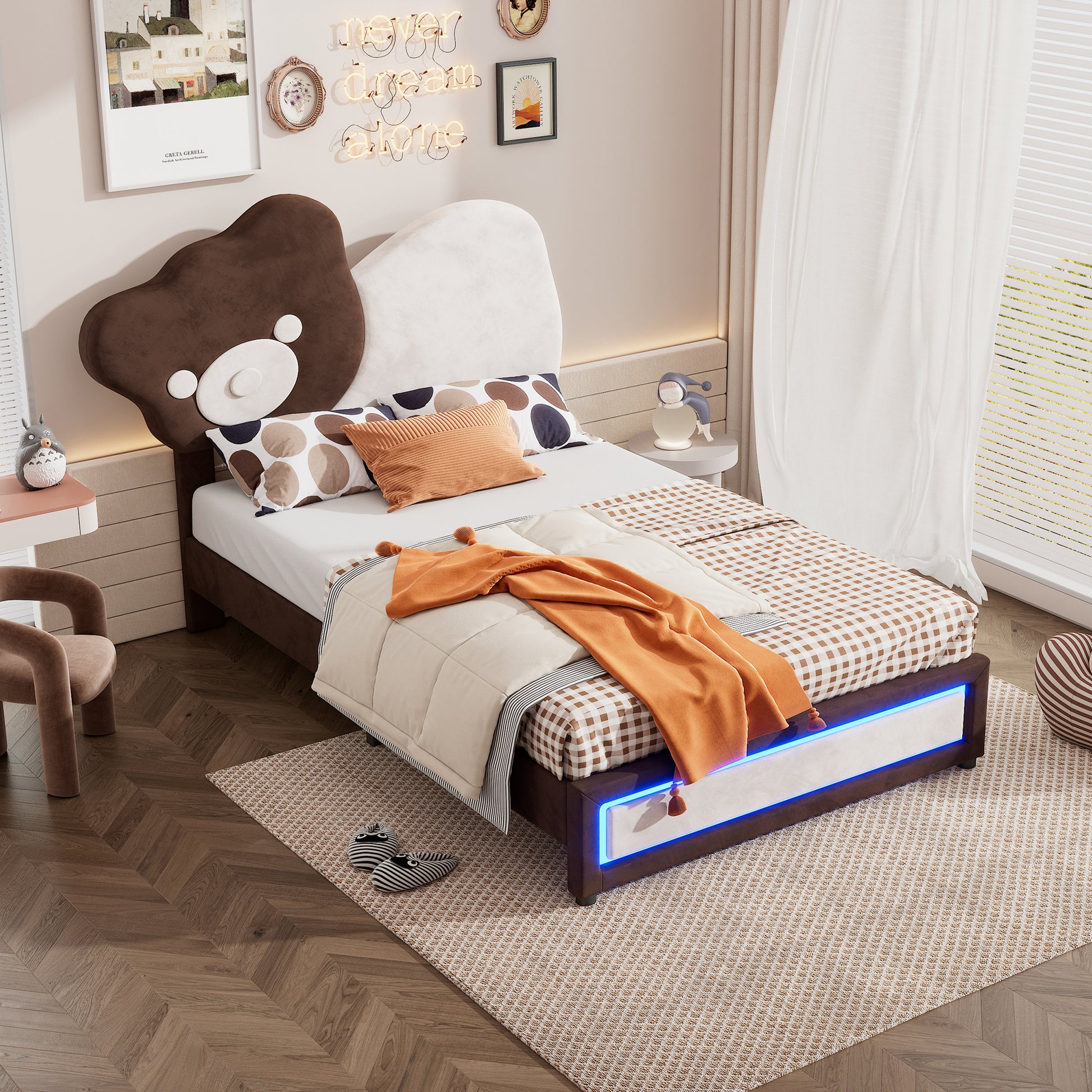 Twin Size Upholstered Platform Bed With Bear Shaped Headboard, Led Light Strips, White Brown Box Spring Not Required Twin Brown White Wood Bedroom Bed Frame Upholstered