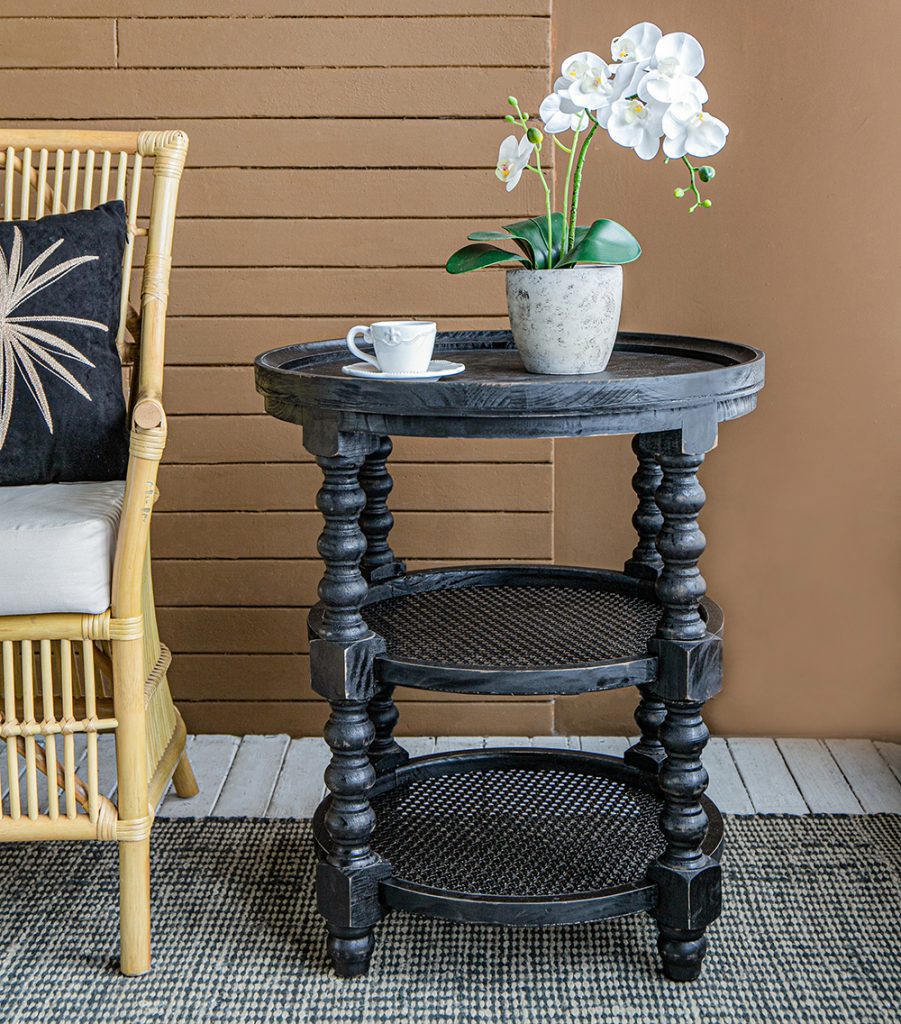 D23.5 X 25" Round Three Tiered Side Table With Rattan Shelf, Black Black Wood