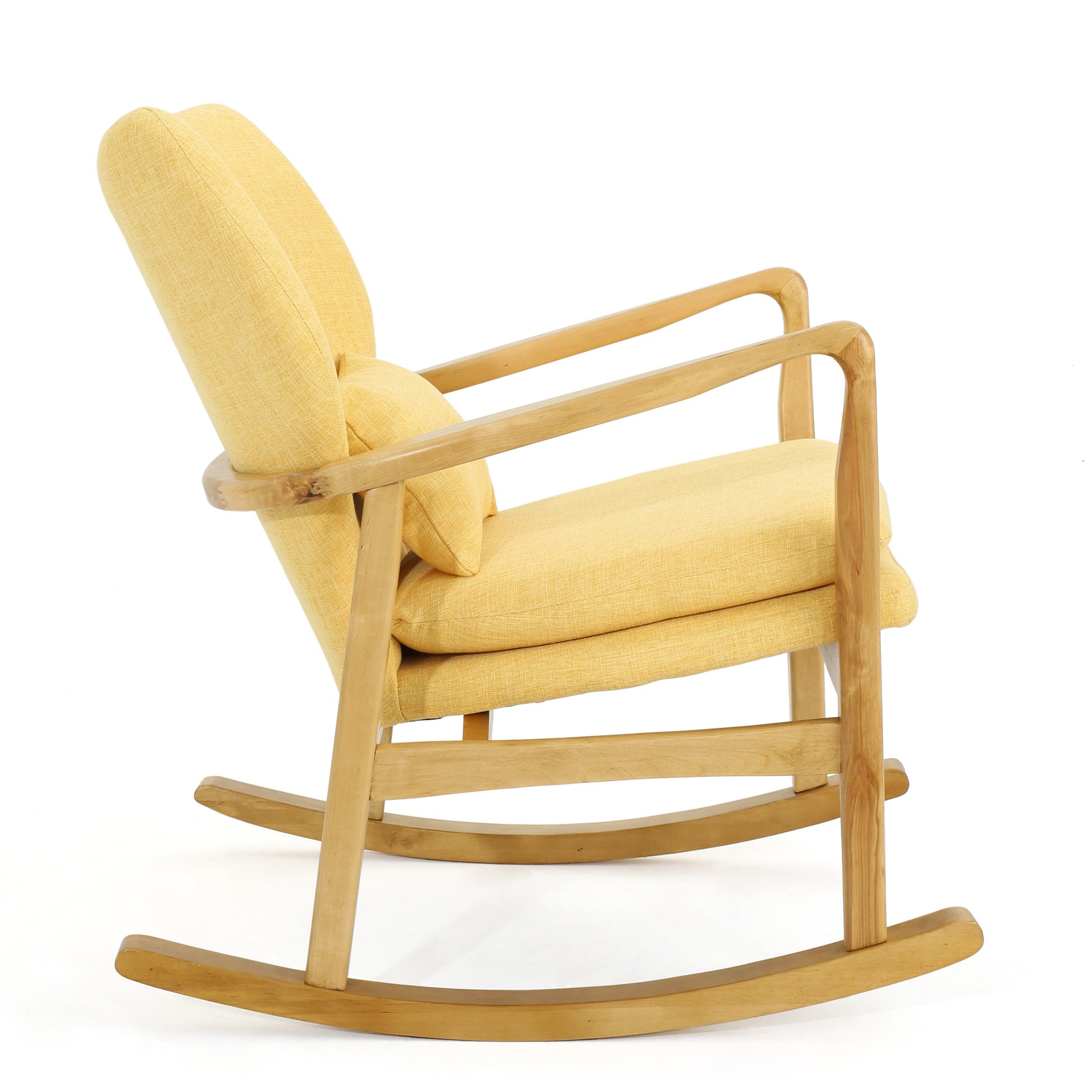 Elegant Solid Wood Rocking Chair With Yellow Linen Cushion Yellow Fabric