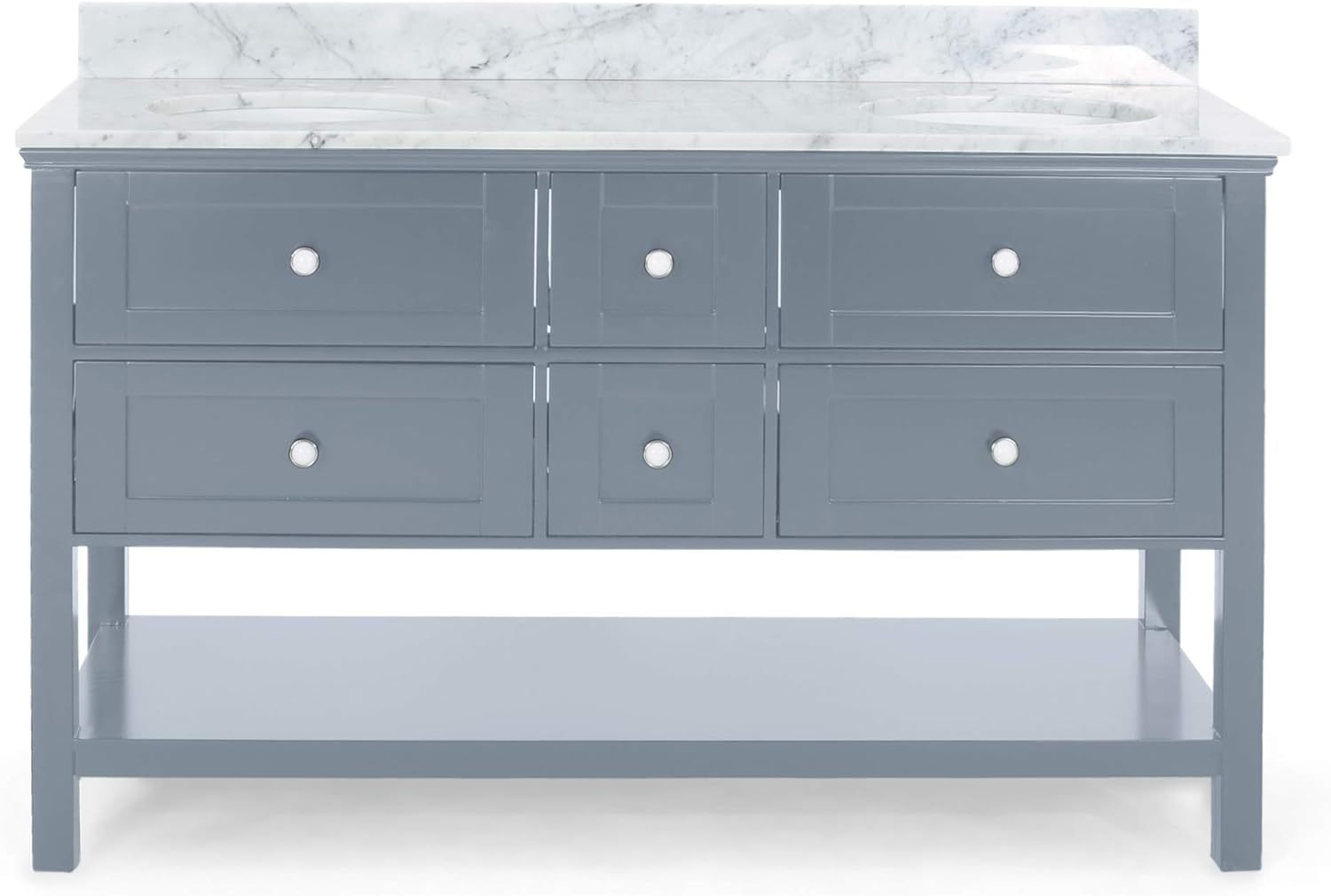 61'' Bathroom Vanity With Marble Top & Double Ceramic Sinks, 4 Drawers, Open Shelf, Gray Gray Plywood