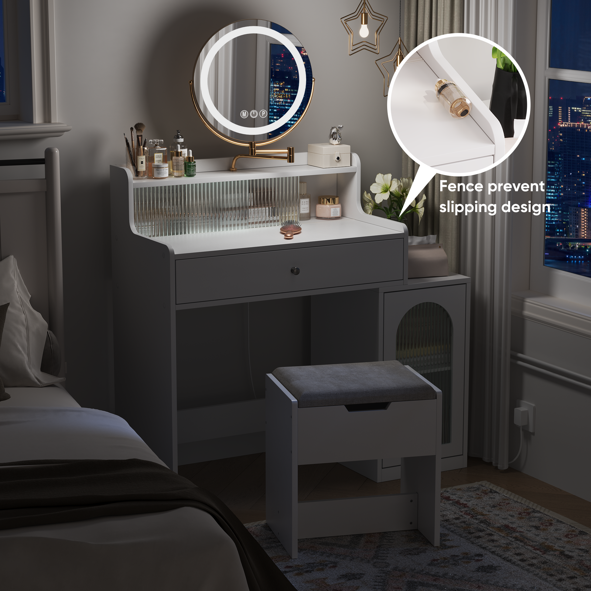 White Vanity Desk With 360 Rotated Mirror And Adjustable Lights, Girls Makeup Vanity Table With Storage Chair And Side Cabinet With Waveform Glass Doors, Dressing Table With Drawer For Bedroom