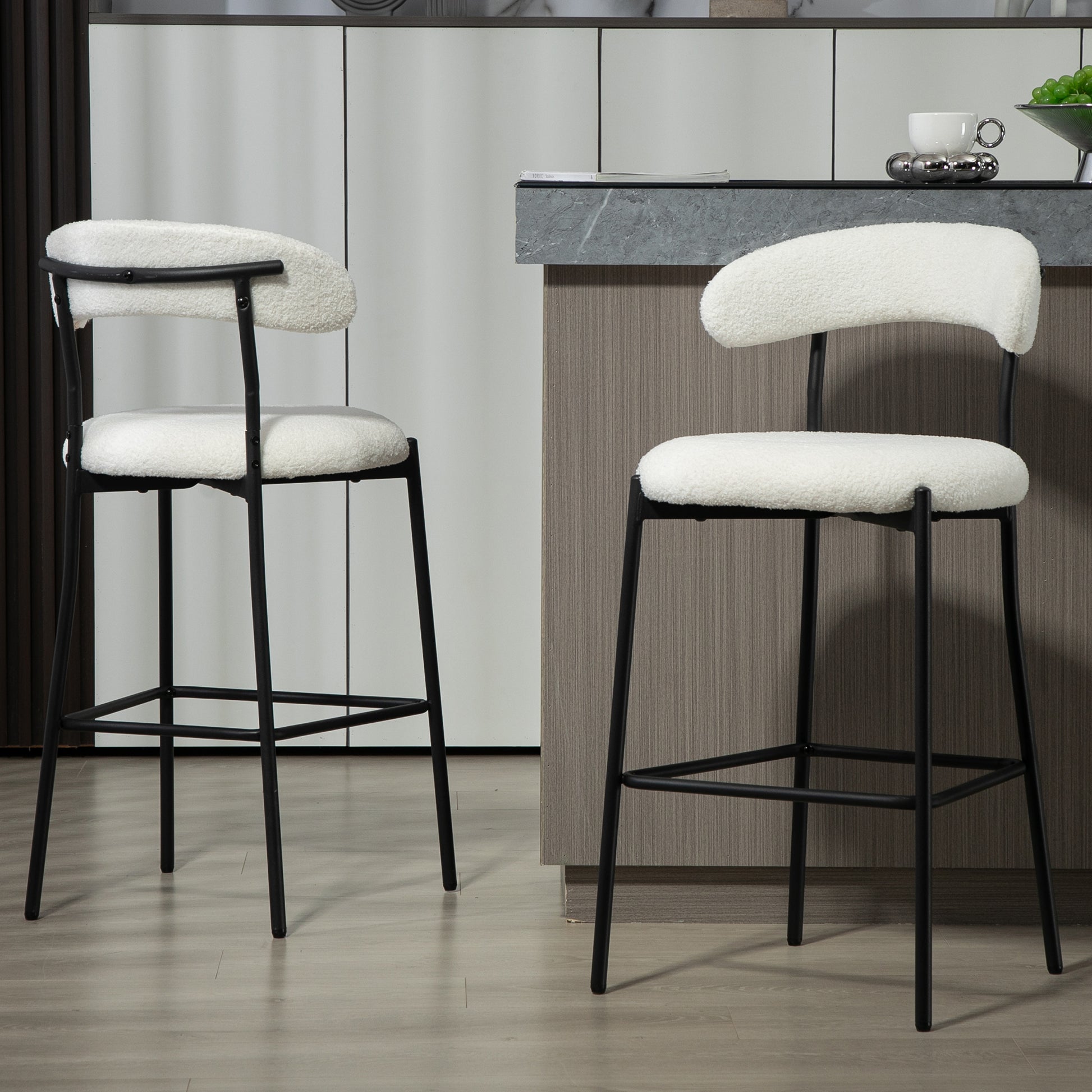 26'' Counter Height Bar Stools Teddy Fabric Cover Kitchen Island Counter Bar Stool With Black Powder Coating Base And Footrest Snow Cushion Metal White Kitchen Foam Modern Bar Stools Open Back 1 Foam Teddy