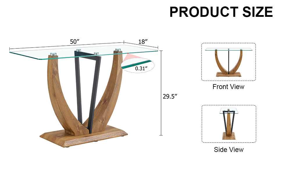 Modern Minimalist Rectangular Glass Table With 0.39 "Tempered Glass Top And Mdf Wood Grain Sticker Legs, Suitable For Entrance And Living Room. Transparent Glass