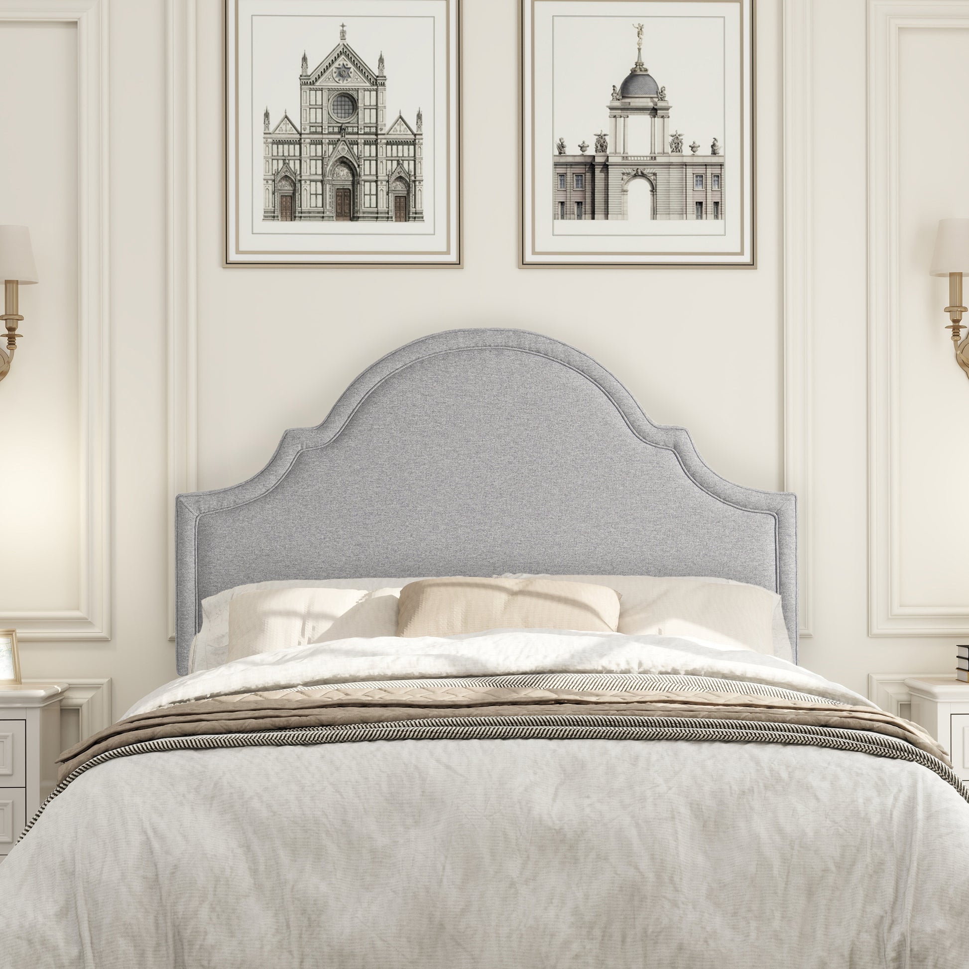 Catherine Upholstered Queen Headboard, Light Grey Polyester Gray Foam Polyester