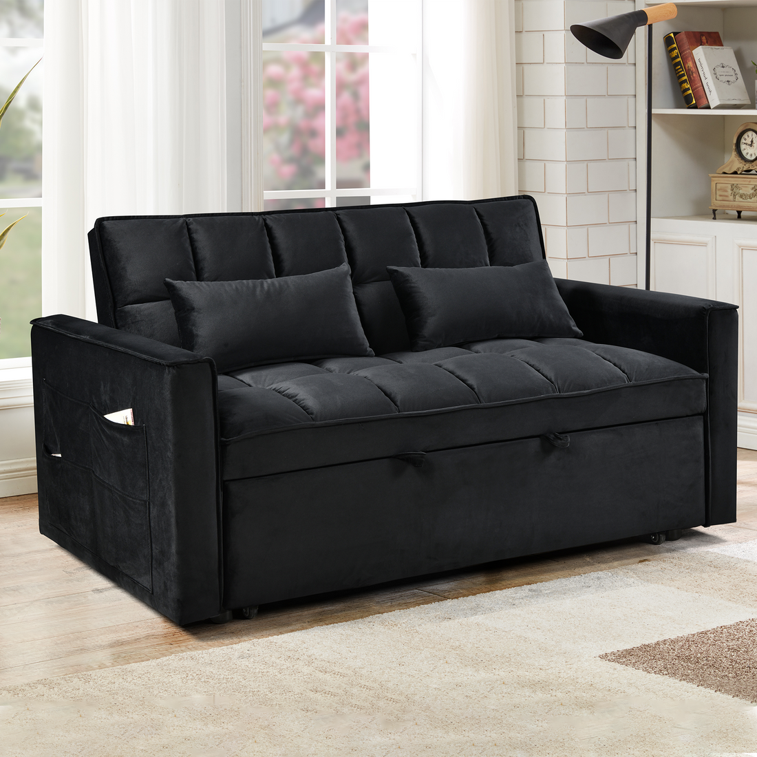 Modern Flannel Double Sofa With Folding Bed, Small Double Sofa With Three In One Convertible Sofa Bed, Adjustable Backrest And Storage Space, Including Pillows, Perfect For Living Room Or Bedroom Twin Black Solid Wood