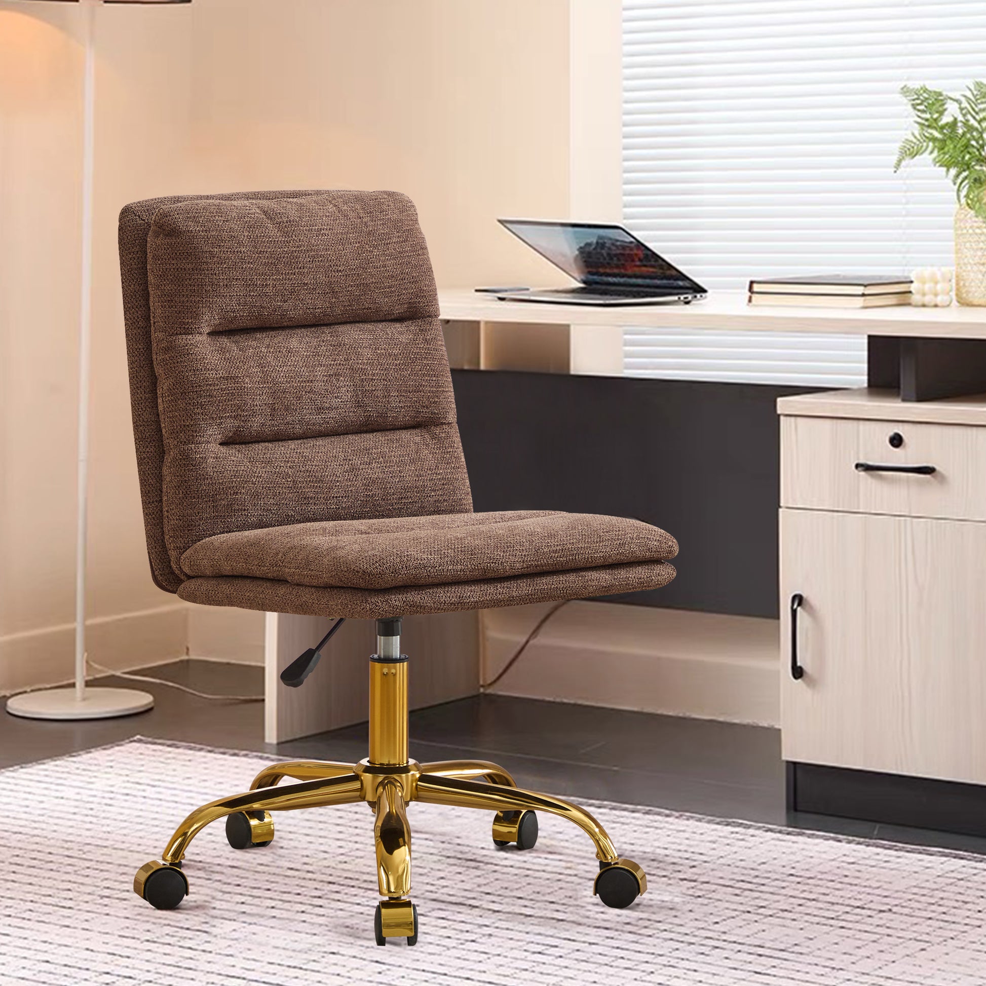 Yts Armless Office Chairs With Wheels And Fabric Cushions, Adjustable Vanity Chairs For Home Use, Open Workstations, Conference Halls, Welcome Areas, And Even Home Offices Brown Linen