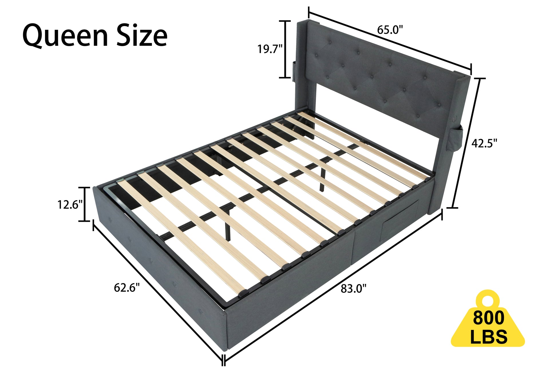 Queen Size Bed Frame With Storage Lift Up Storage Bed With Modern Wingback Headboard, Usb Ports Box Spring Not Required Queen Dark Gray Metal Bedroom Contemporary Bed Frame Foam Linen Upholstered