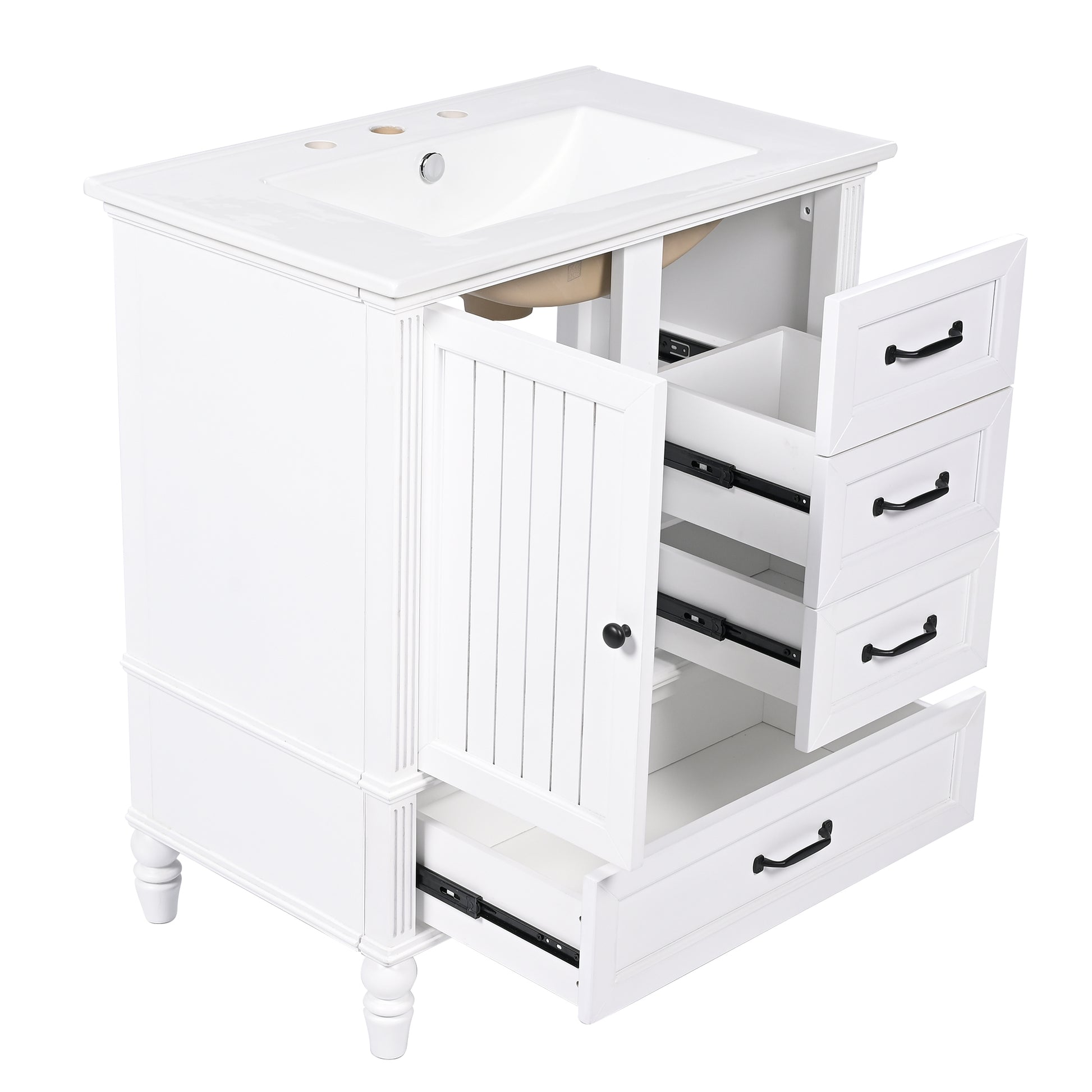 30" Bathroom Vanity With Sink, Bathroom Cabinet With A Door, Three Drawers, Solid Wood Legs & Mdf Board, Adiustable Foot Pads, White White Mdf