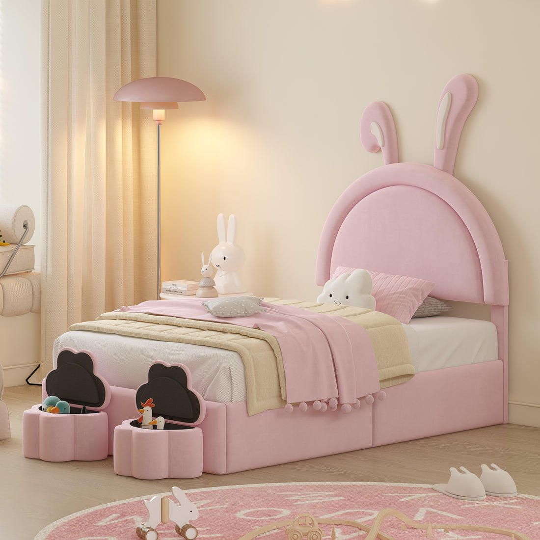 Twin Size Upholstered Rabbit Shape Bed With 2 Storage Stools, Velvet Platform Bed With Cartoon Ears Shaped Headboard, Pink Twin Pink Wood