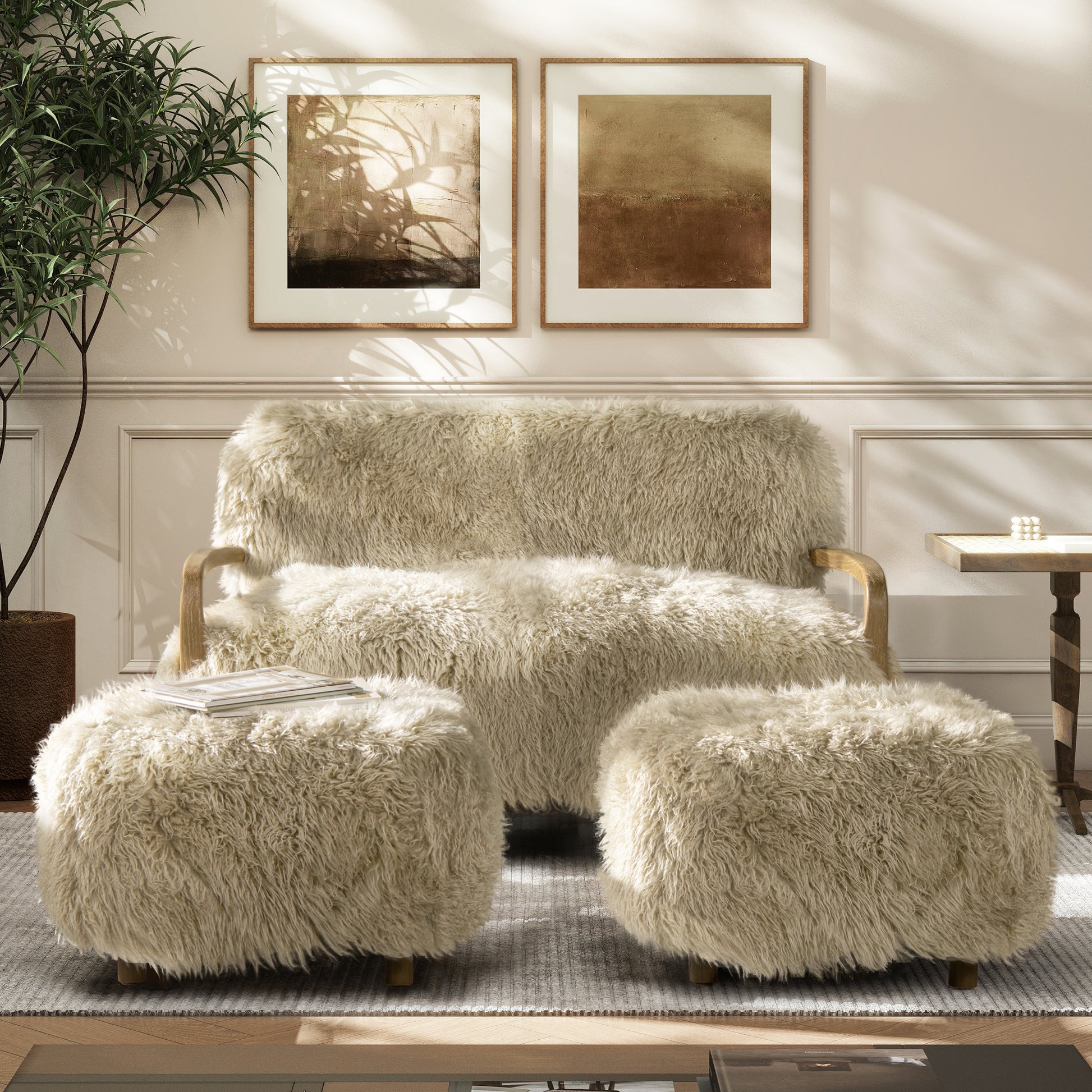 Enchante 52.5" Zealand Sheepskin Accent Loveseat Taupe Natural Foam Fur