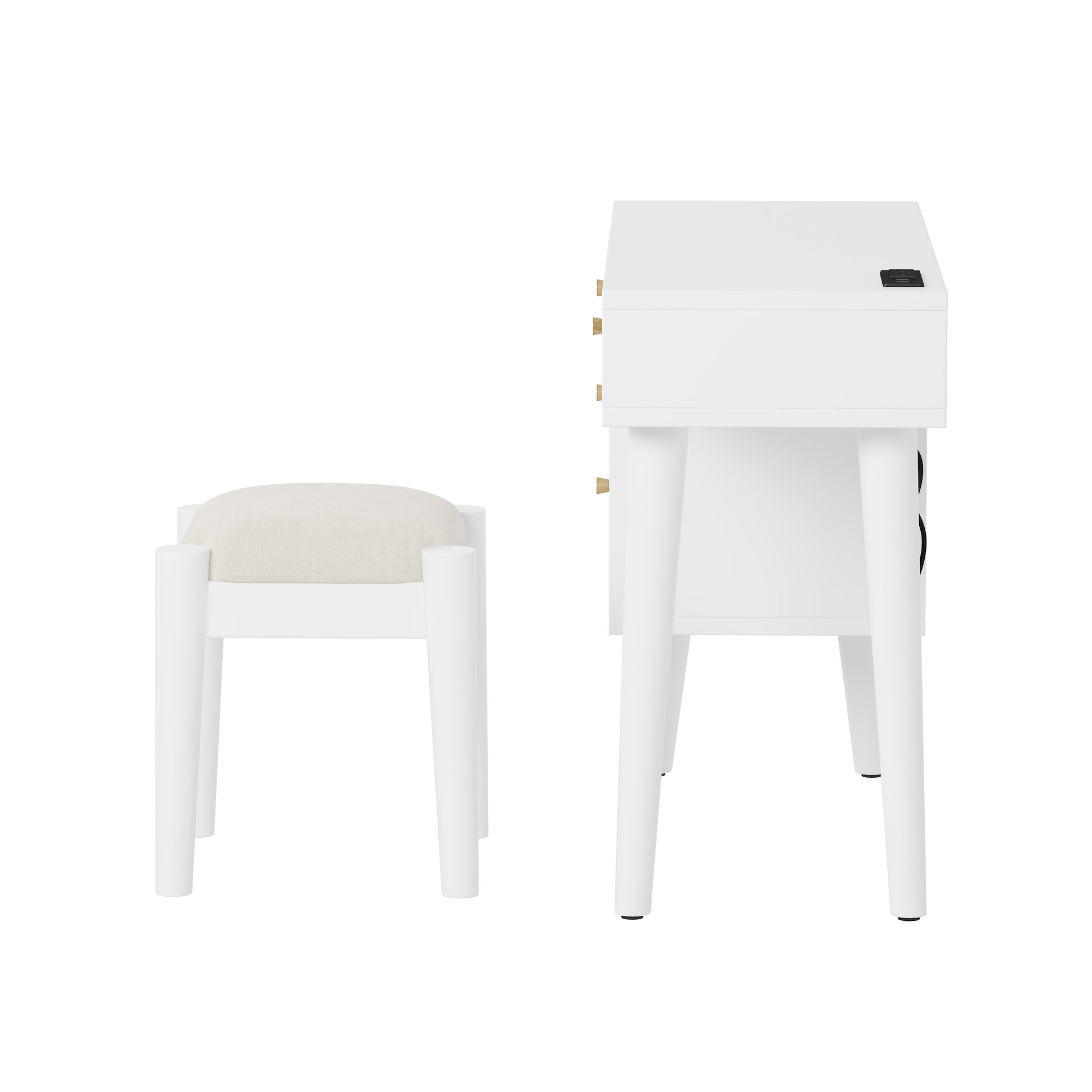 39" Retro Bohemian Style Wooden Makeup Vanity Set With Charging Plug&Usb Port And Stool, Dressing Table With 3 Storage Drawers And 1 Rectangular Rattan Drawer, White White 4 Drawers Wood