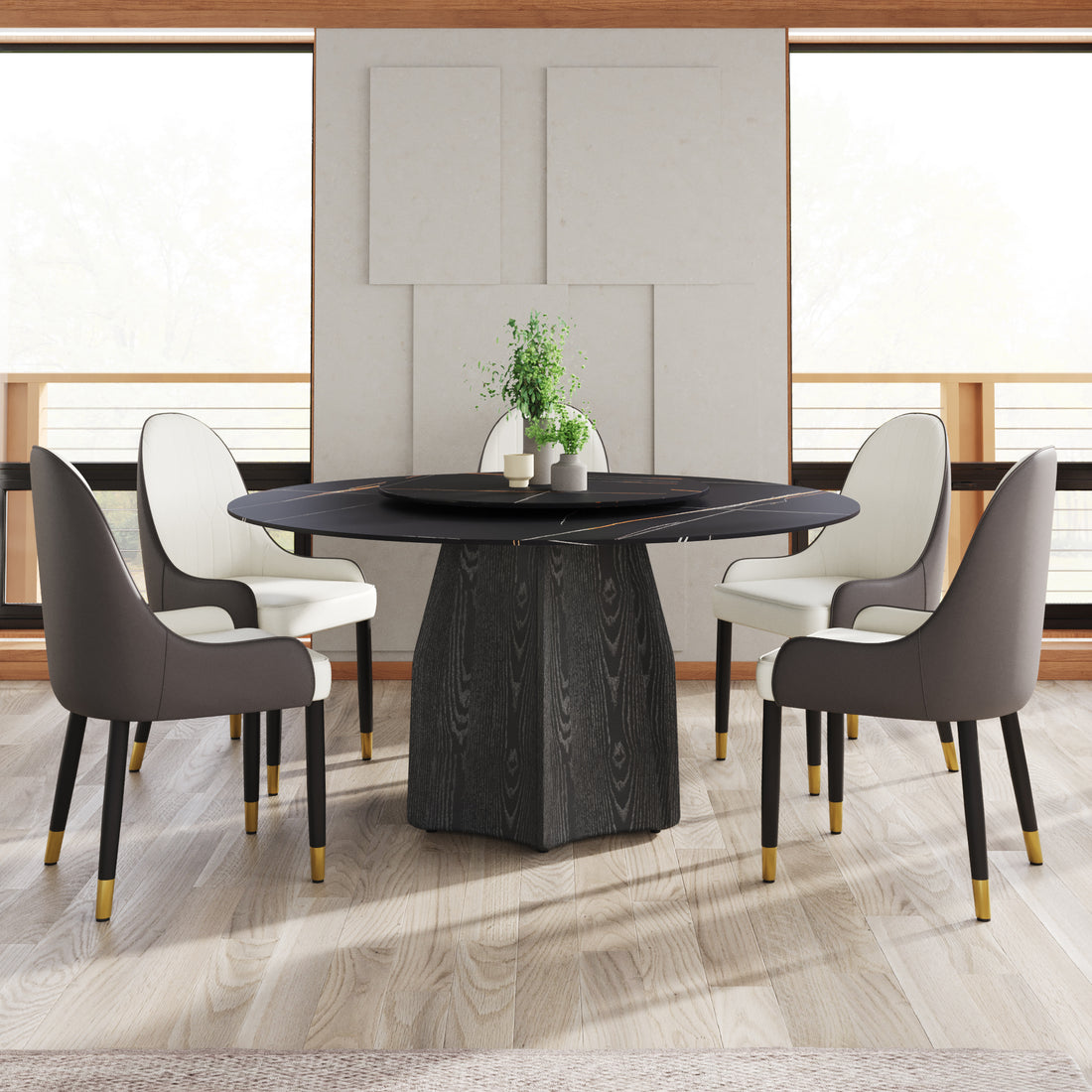 59.05" Round Marble Dining Table With Black Textured Solid Wood Base, Artificial Marble For 6 8 People, 31.5"Black Artificial Stone Turntable,Black Dining Table Only Black Modern Wood Sintered Stone