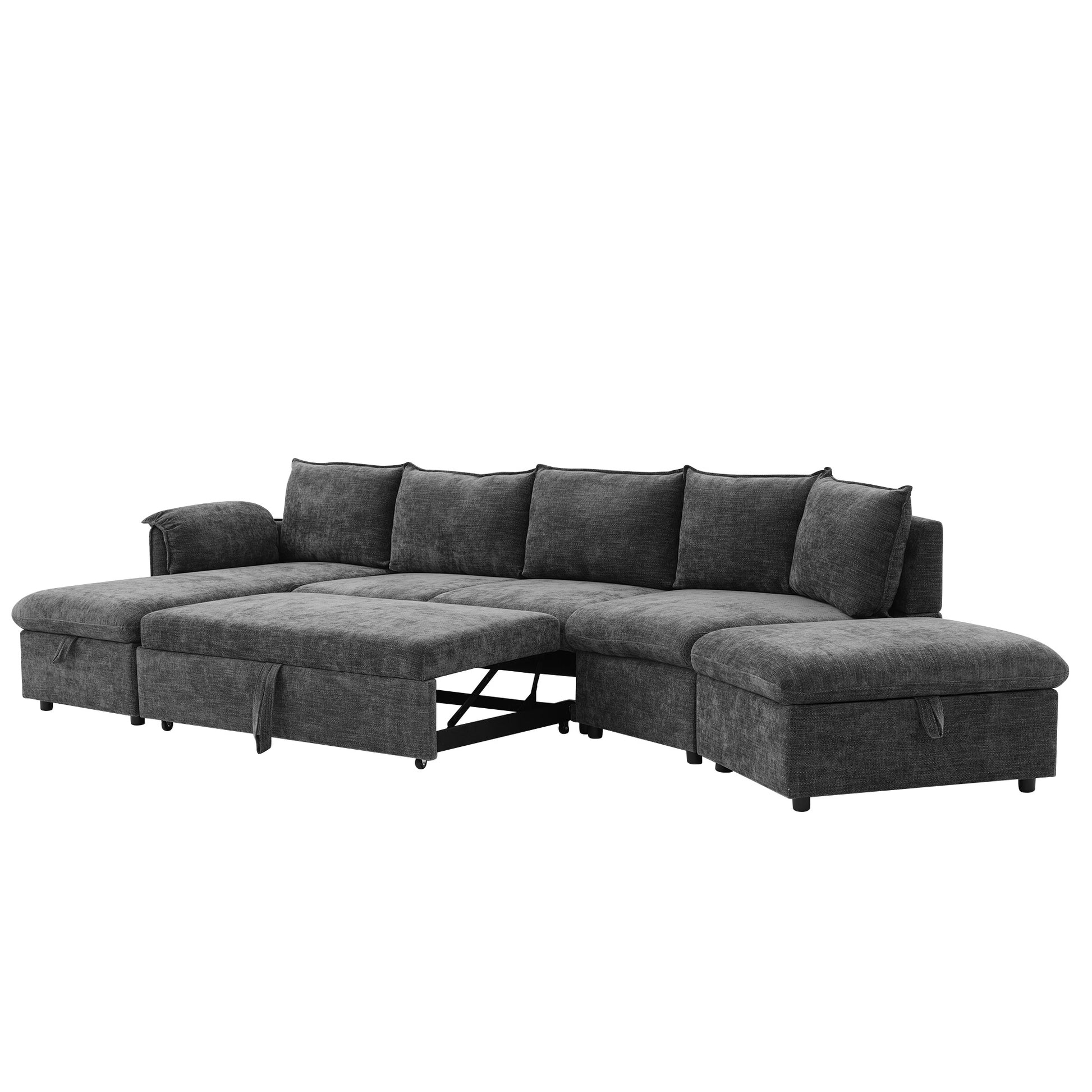 146.9" L Shaped Sofa Sectional Sofa Couch Pull Out Sofa Bed With A Movable Storage Ottoman, A Storage Chaise Lounge And Two Usb Ports For Living Room, Grey Grey Foam Linen 5 Seat