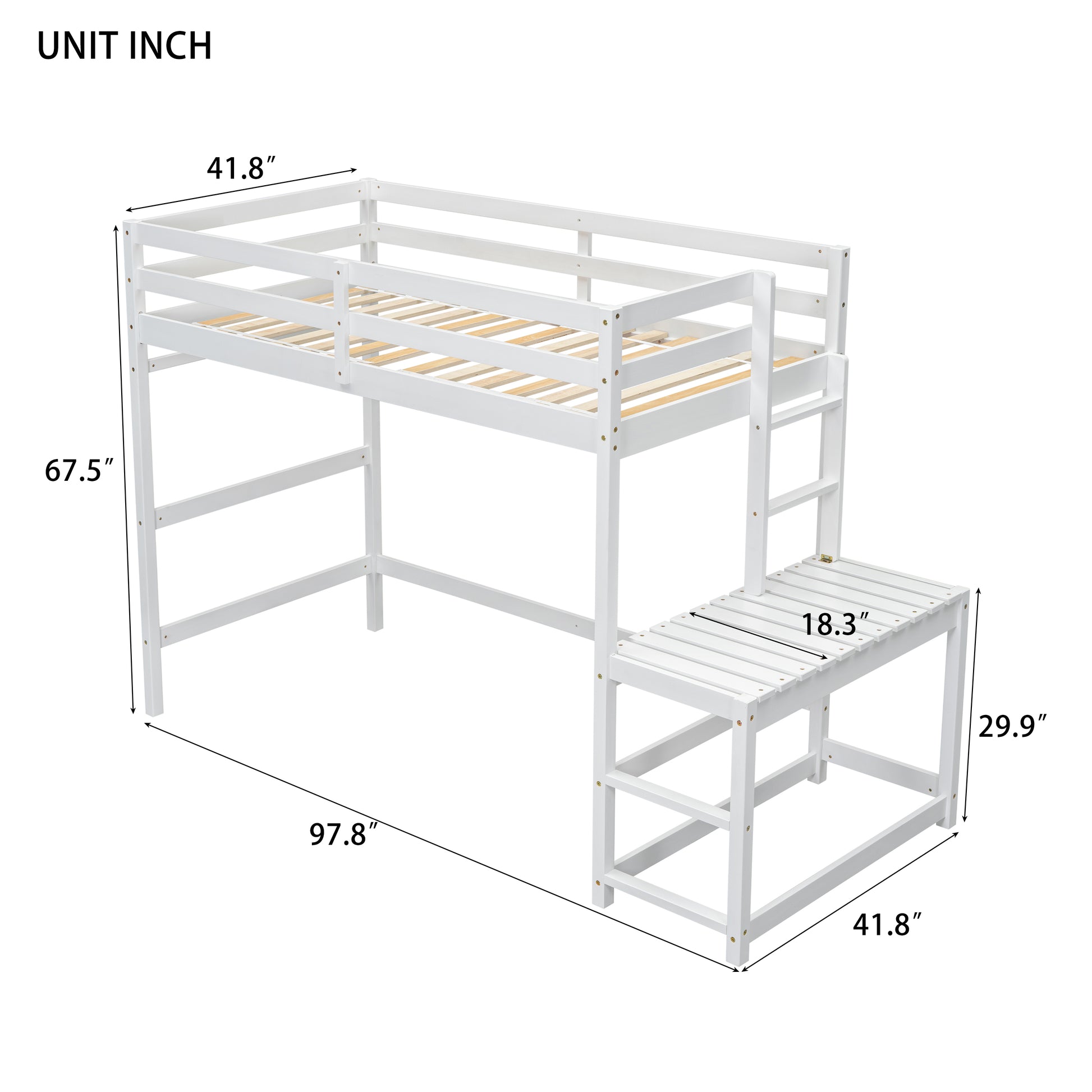 Twin Size High Loft Bed With Ladder Landing Platform, Ladders, Guardrails,White Twin White Wood Bedroom American Design Pine Bed Frame Pine