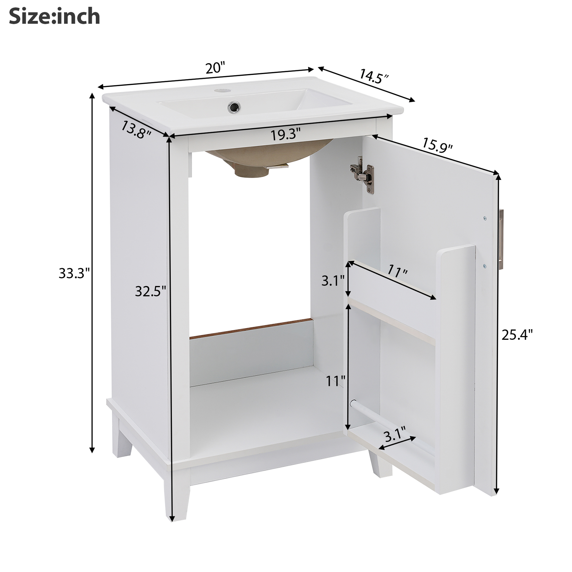 Viedo 20 Inch Modern Small Bathroom Vanity Cabinet With Ceramic Basin 20*15.5*33.3 Inches,Ample Storage,1 Soft Close Door White Solid Wood Mdf