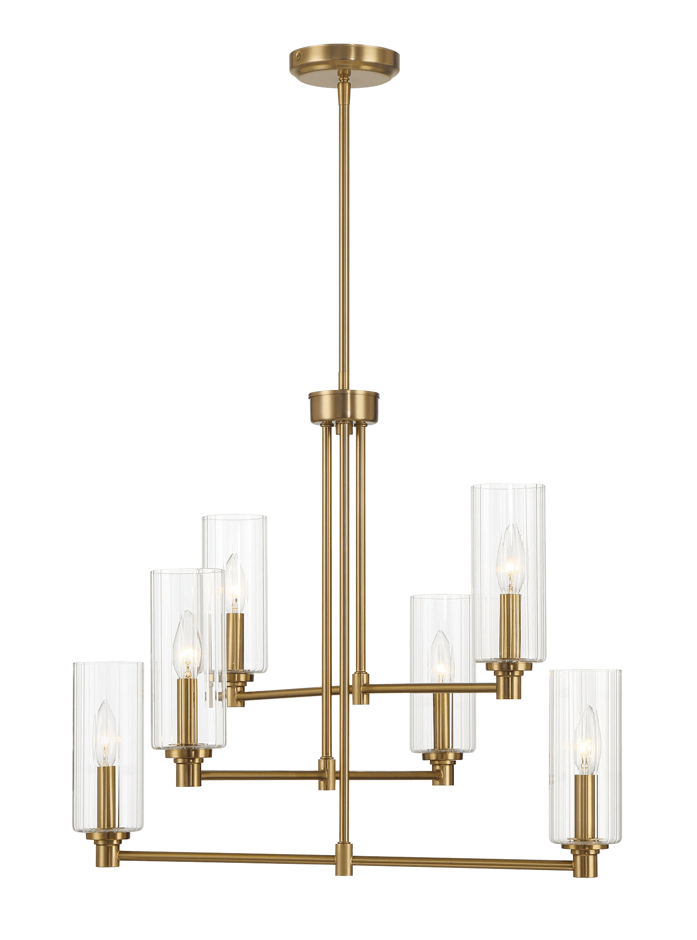 Timeless Six Lights Chandelier With Clear Ribbed Glass Satin Brass Antique Brass,Clear,Gold Ceiling Lights Brass,Glass