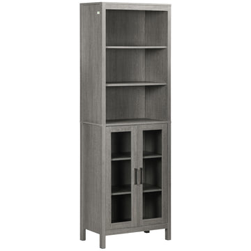 Kleankin Tall Bathroom Storage Cabinet With 3 Tier Shelf, Glass Door Cabinet, Freestanding Linen Tower With Adjustable Shelves, Grey Wood Grain Gray Particle Board