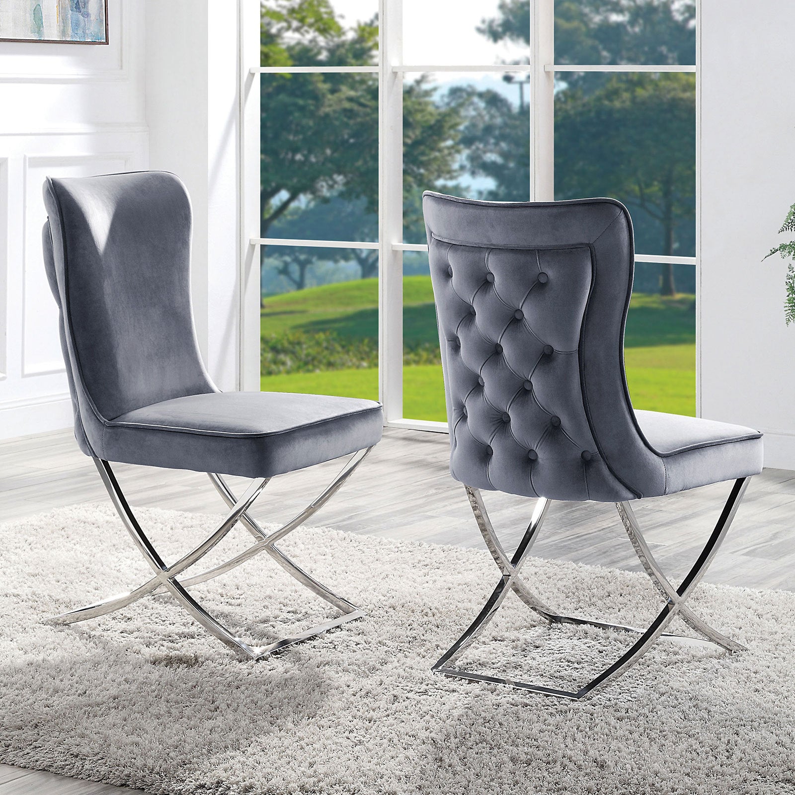 Glam Gray Velvet 2Pcs Side Chairs Button Tufted Chrome Frame Upholstered Dining Chairs Furniture Set Gray Dining Room Classic,Contemporary,Luxury,Traditional,Vintage Side Chair Solid Back Set Of 2 Stainless Steel