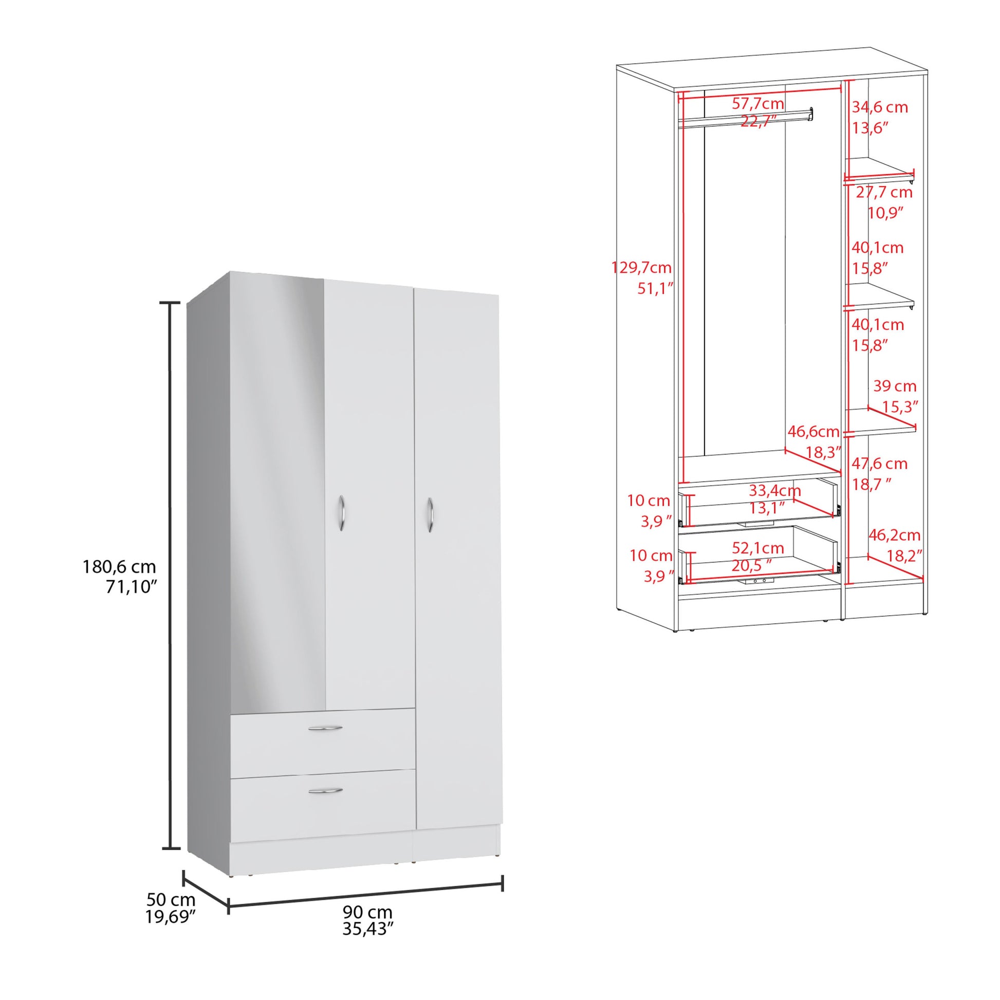 Riverside 3 Door Mirrored Armoire With Two Drawers, Four Shelves, And Hanging Rod White White Bedroom Particle Board