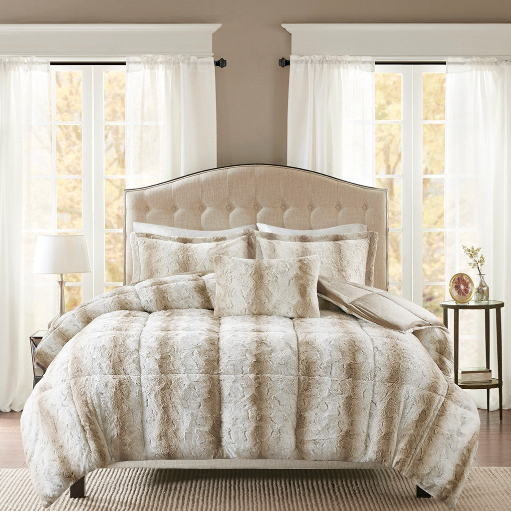 4Pc Faux Fur Comforter Set Queen Sand Polyester