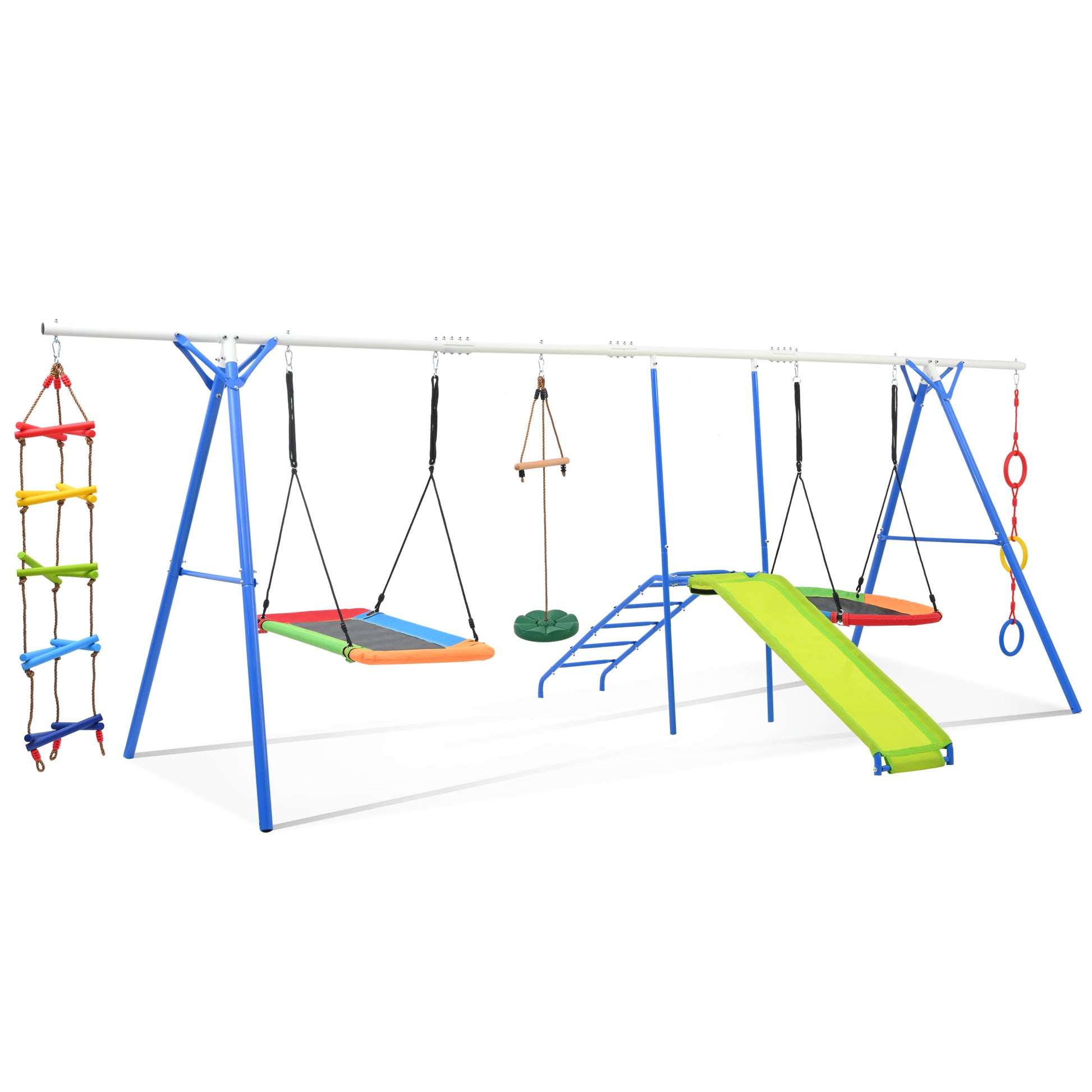 6 In 1 Swing Set For Kids, Toddle Outdoor Swing And Slide Set, Backyard Playground Playsets With Climbing Rope Ladder, Disc Swing, Monkey Bar Swing, Slide And Climbing, Saucer Swing, Swing Ring Blue