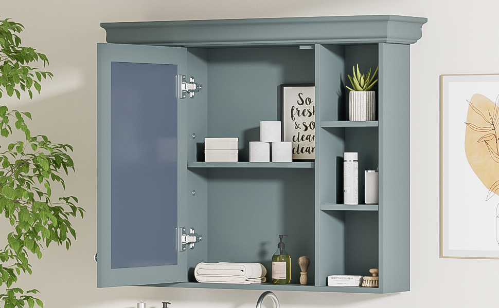 35'' X 28'' Blue Wall Mounted Bathroom Storage Cabinet With Mirror Door, Modern Bathroom Wall Cabinet With Mirror, Medicine Cabinet With 6 Open Shelves Blue 5 Adjustable Shelves Bathroom Wall Mounted Mdf Painted