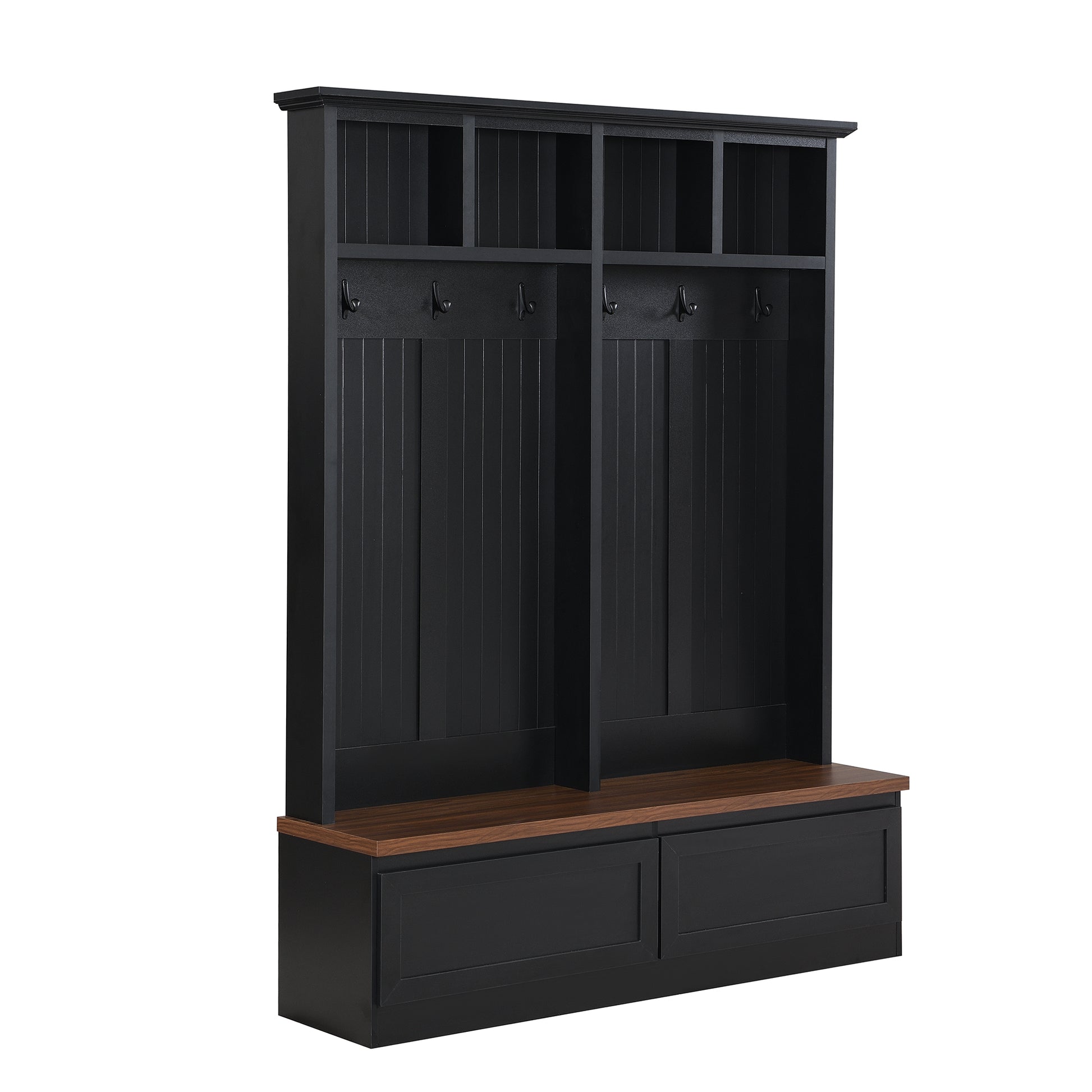 Farmhouse 4 In 1 Hall Tree With Wood Grain Bench, Mudroom Versatile Coat Rack With 2 Large Drawers, Large Entrance Organizer With 6 Black Hooks For Hallway, Living Room, Black, 55.9"Wx75.6"H Black