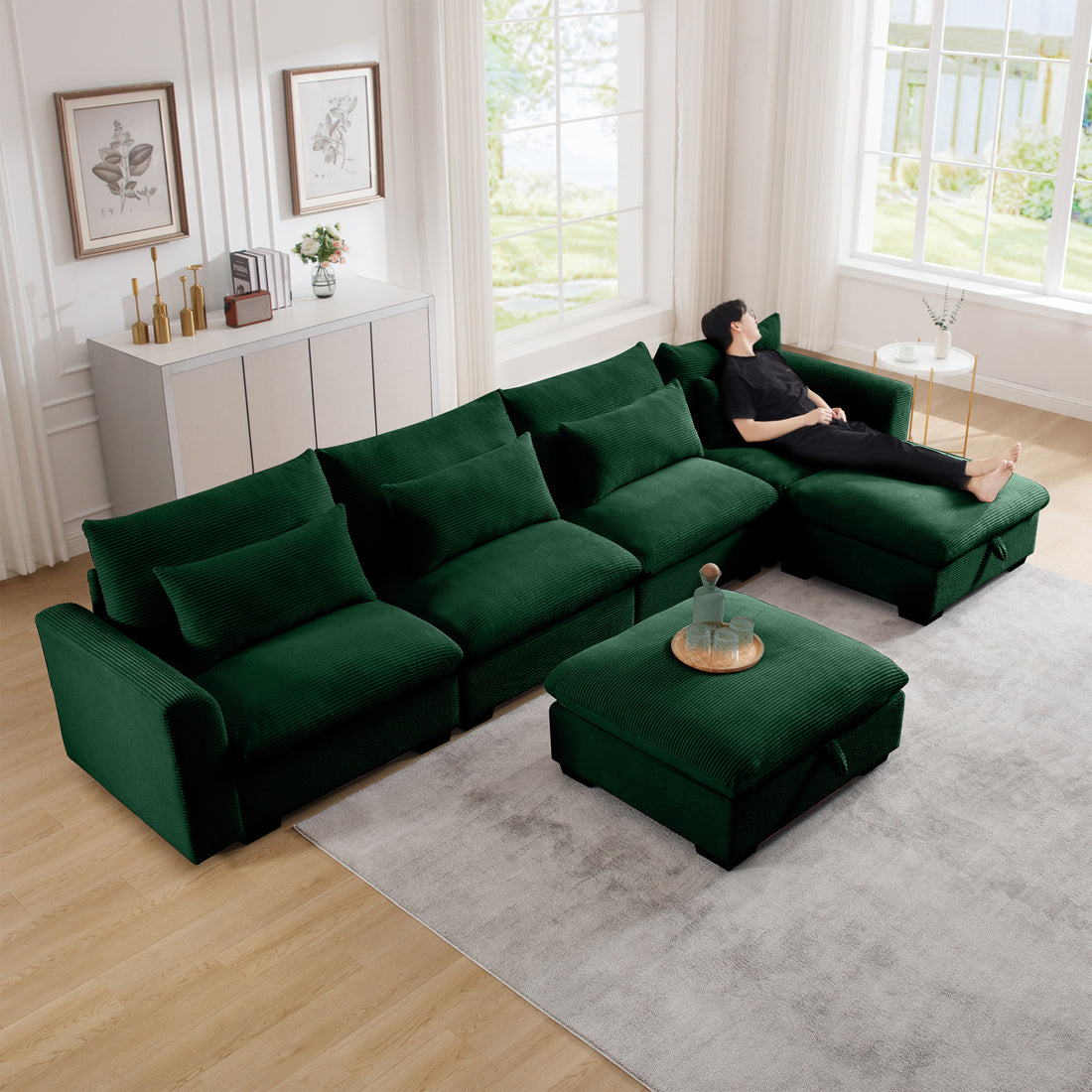 Big Deep Seat U Shaped Corduroy Sectional Couches For Living Room, 4 Seater Sofa Couch With 2 Storage Footstool And 4 Waist Pillows Corduroy, Green Green Corduroy 4 Seat